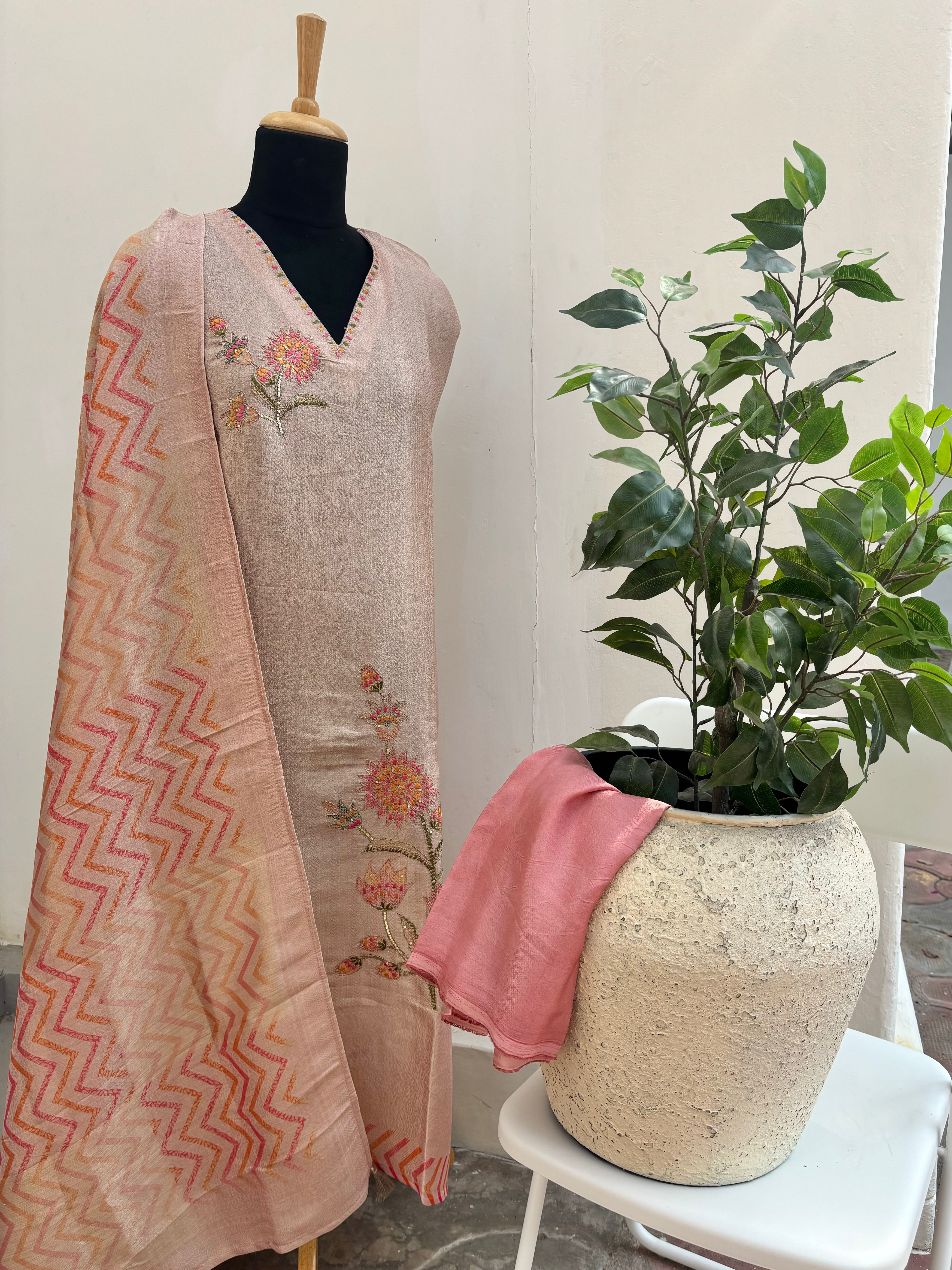 Peach floral semi stitched suit set
