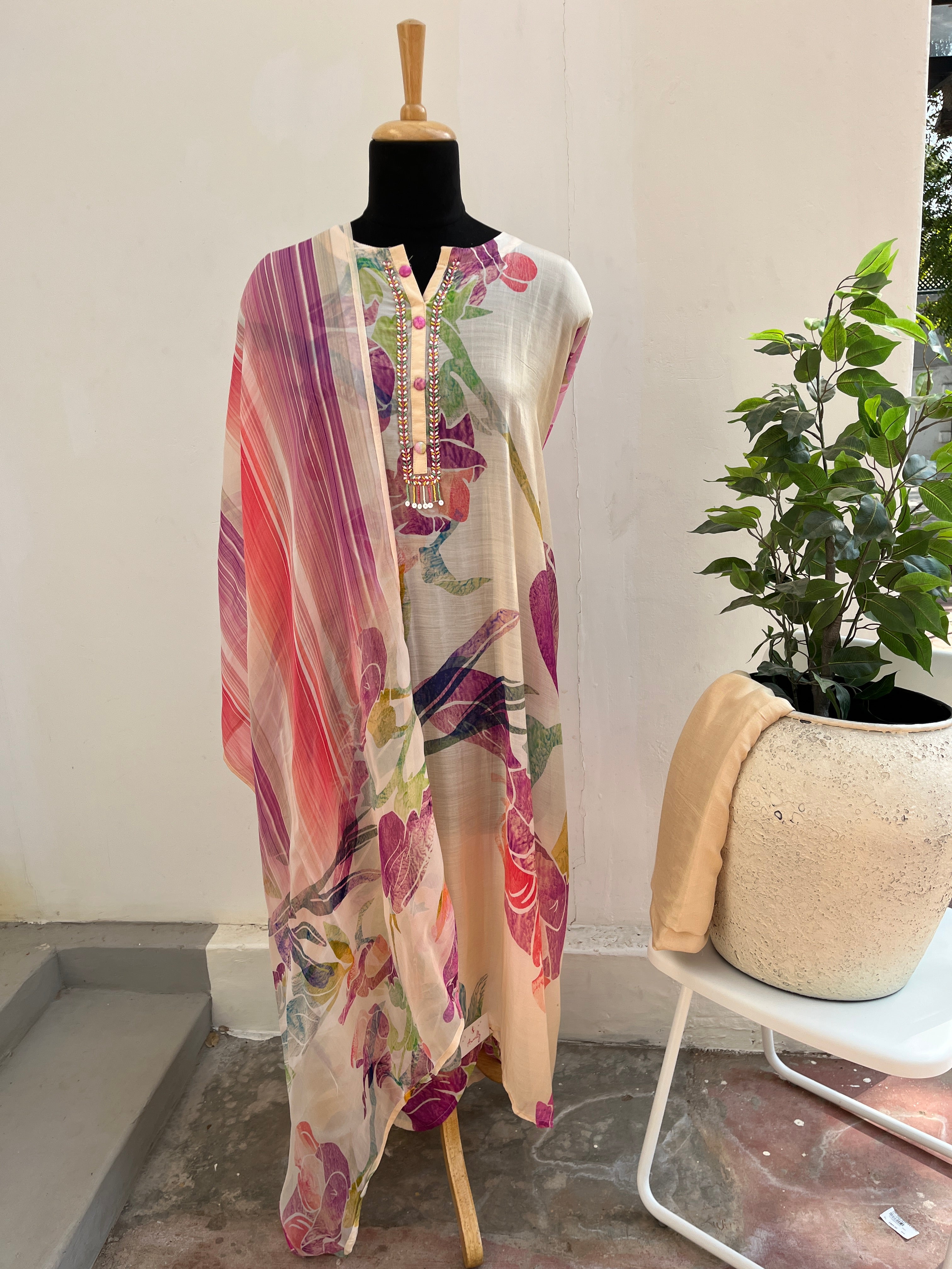 Beige floral semi stitched suit set