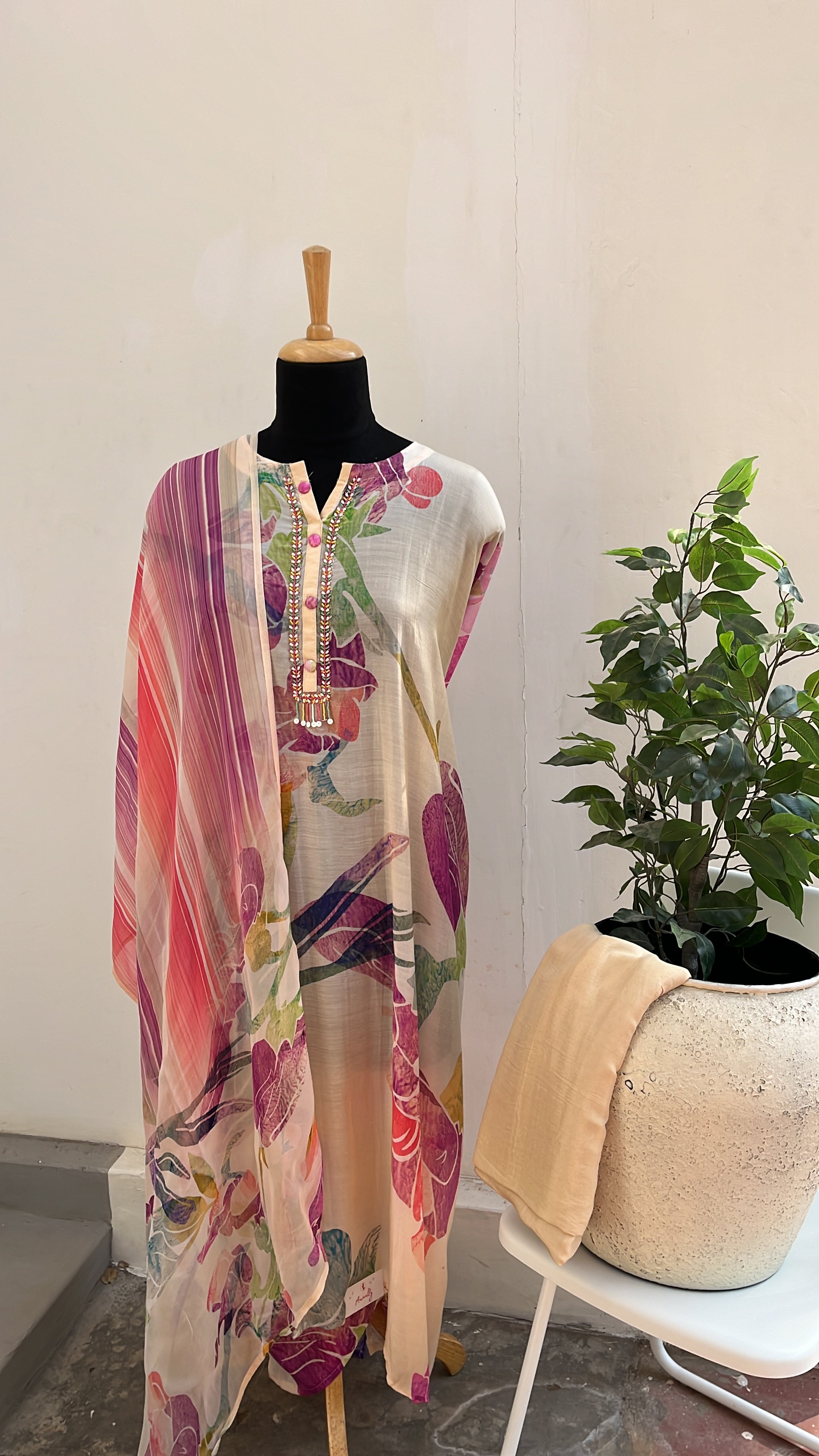 Beige floral semi stitched suit set