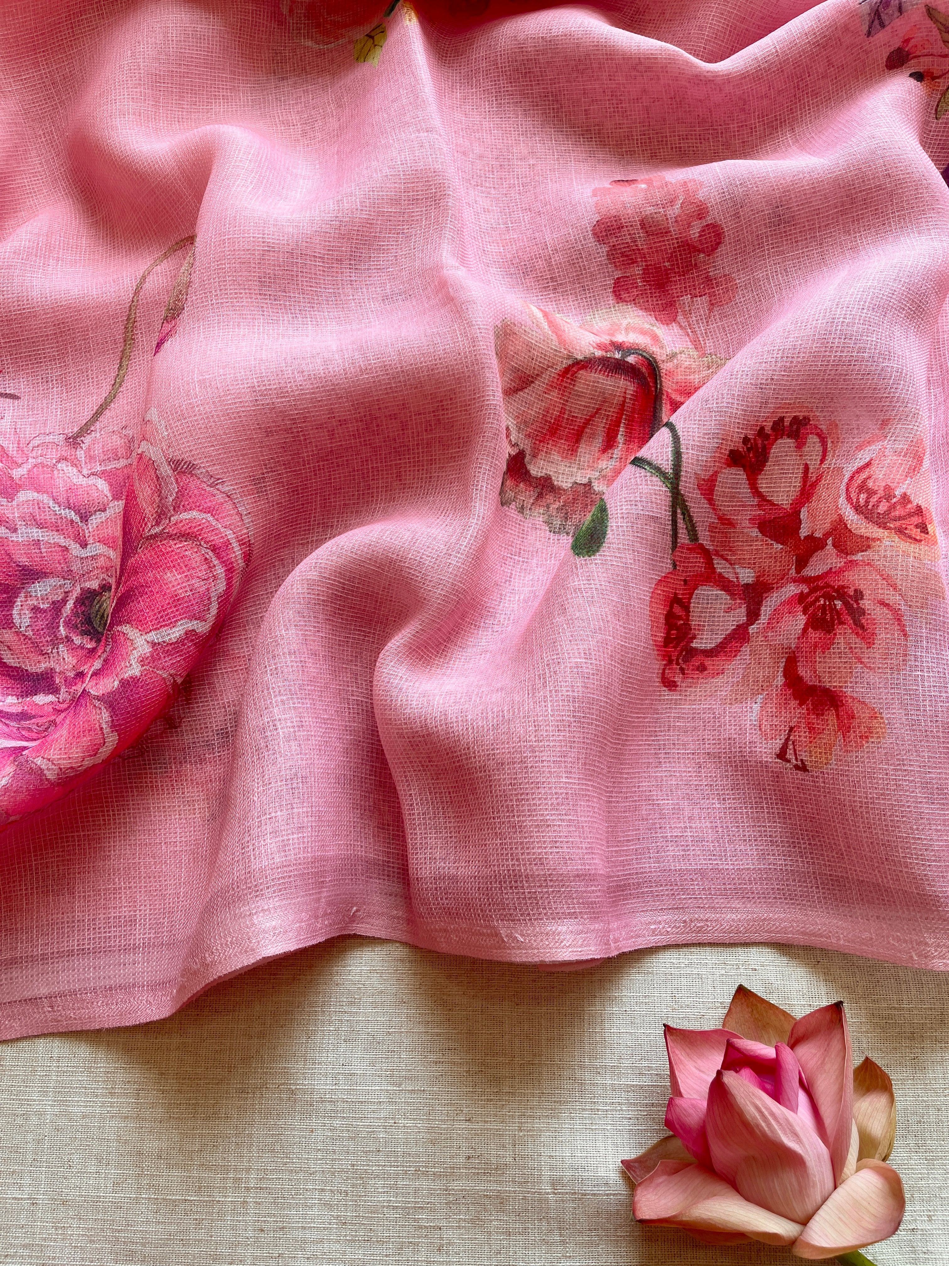 Pink Floral linen Silk Saree