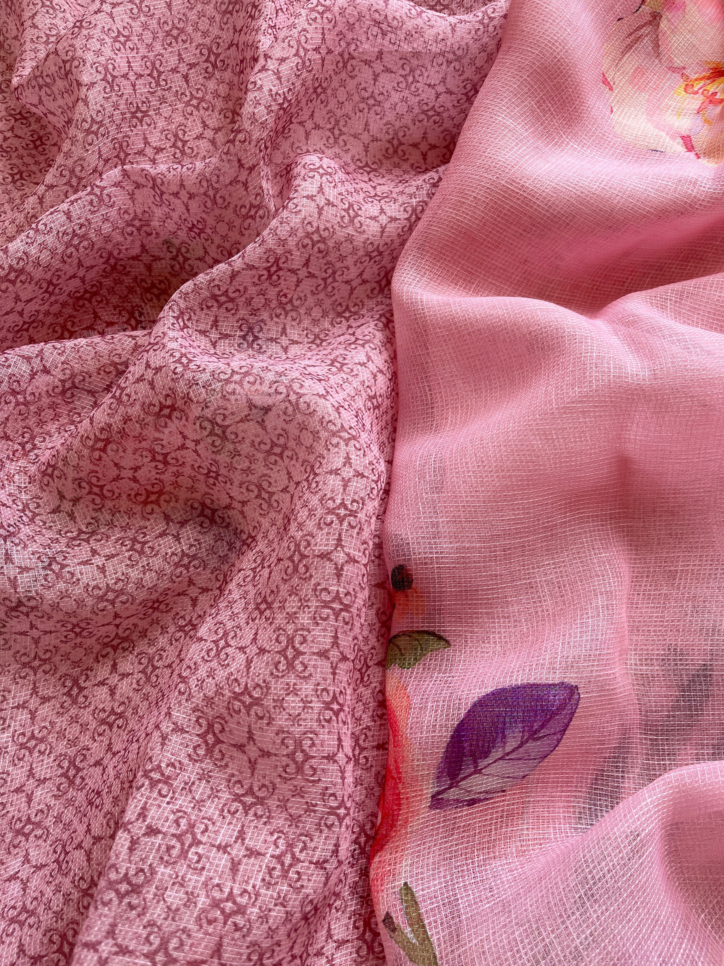Pink Floral linen Silk Saree