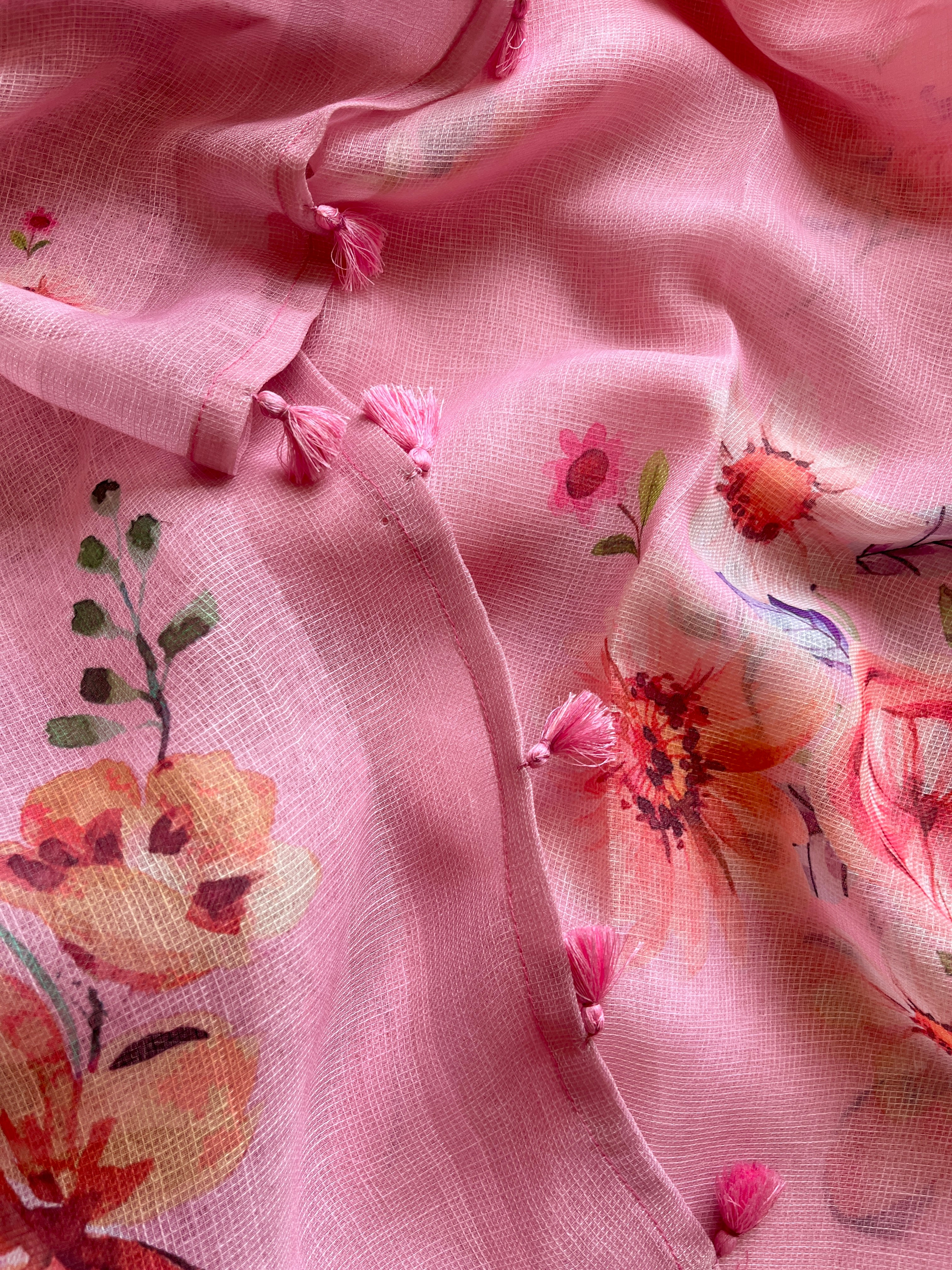 Pink Floral linen Silk Saree