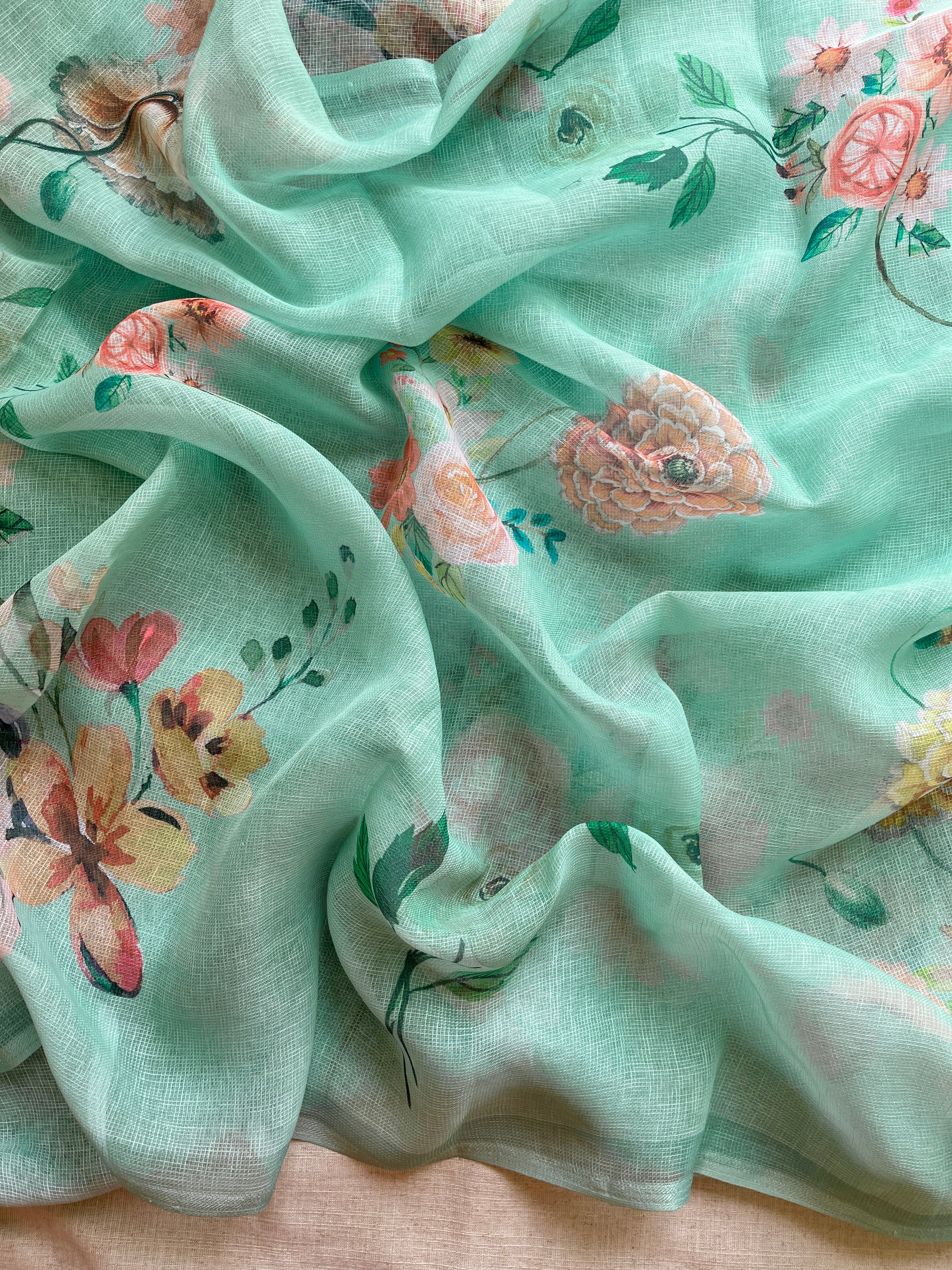 Green Floral linen Silk Saree