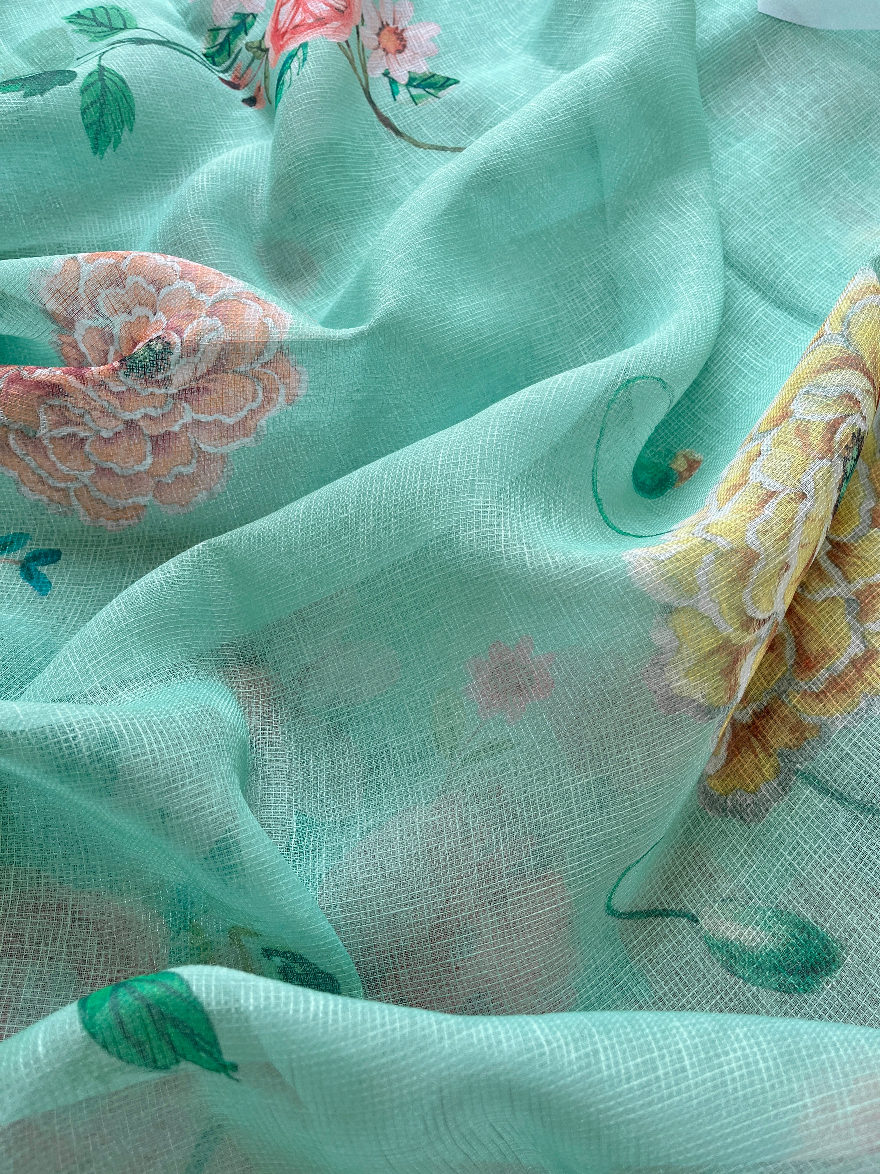 Green Floral linen Silk Saree