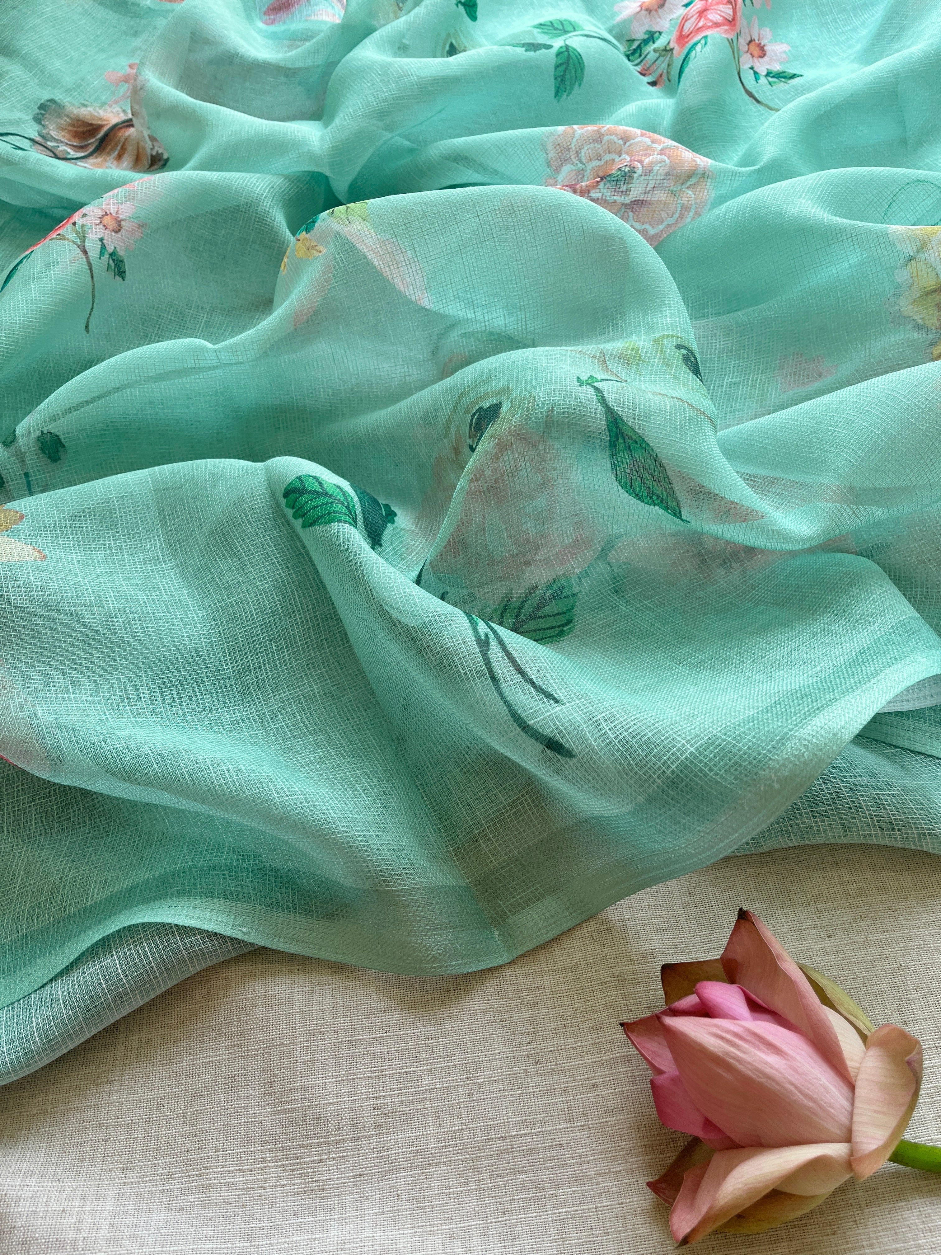 Green Floral linen Silk Saree