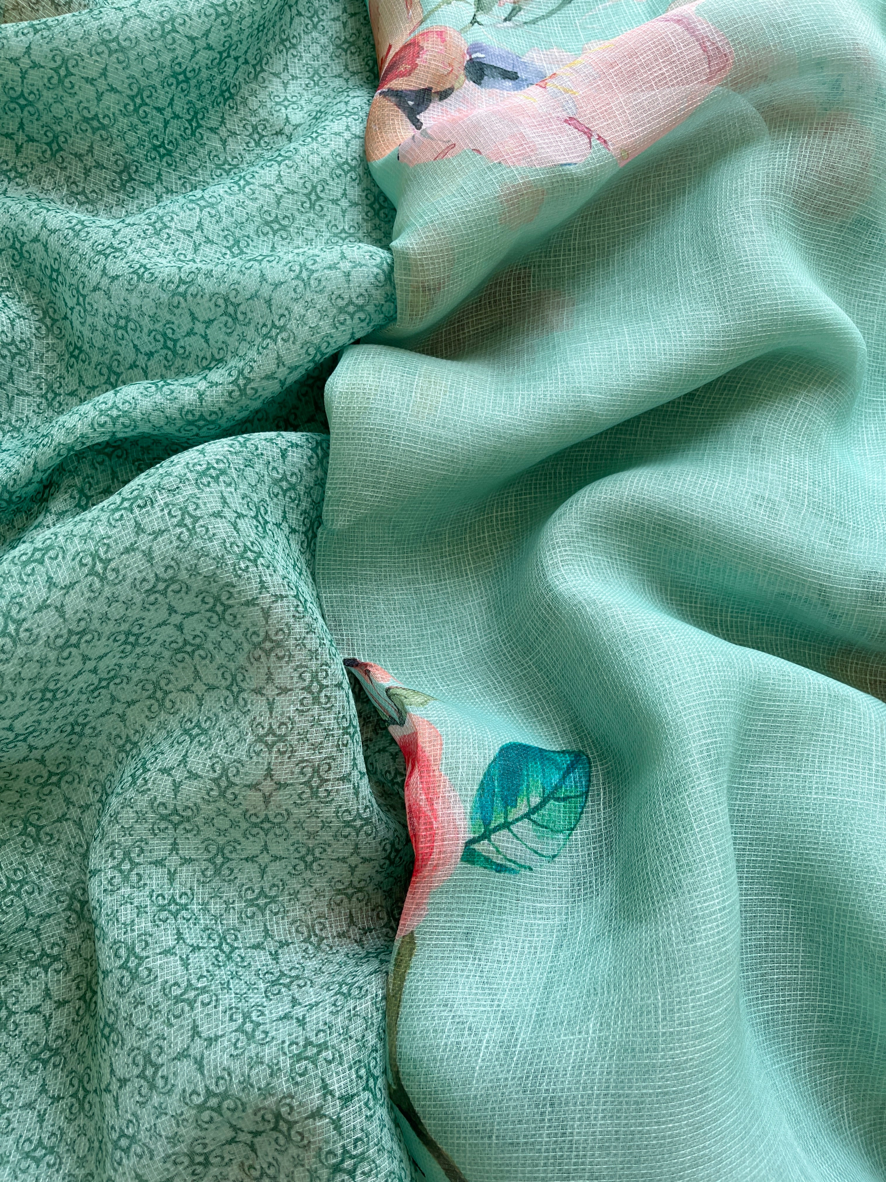 Green Floral linen Silk Saree