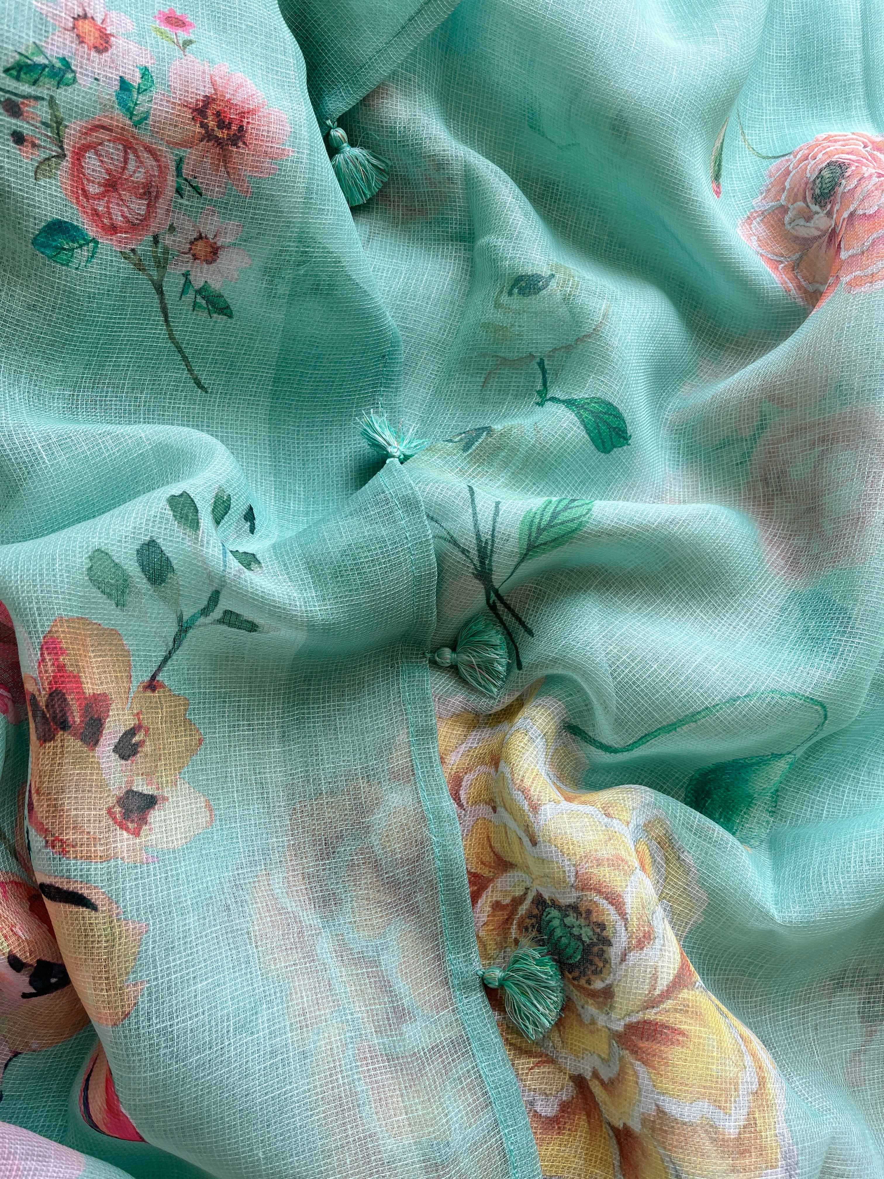 Green Floral linen Silk Saree