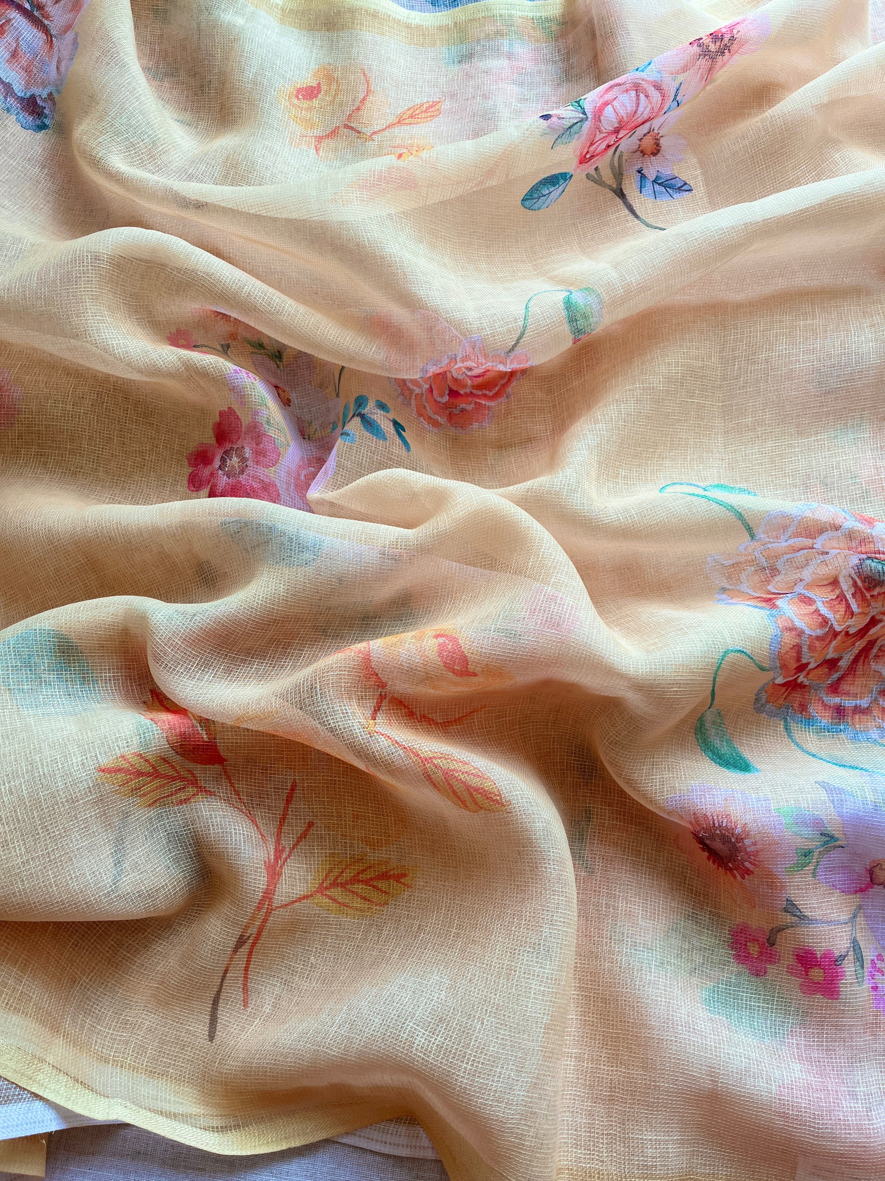 Yellow Floral linen Silk Saree