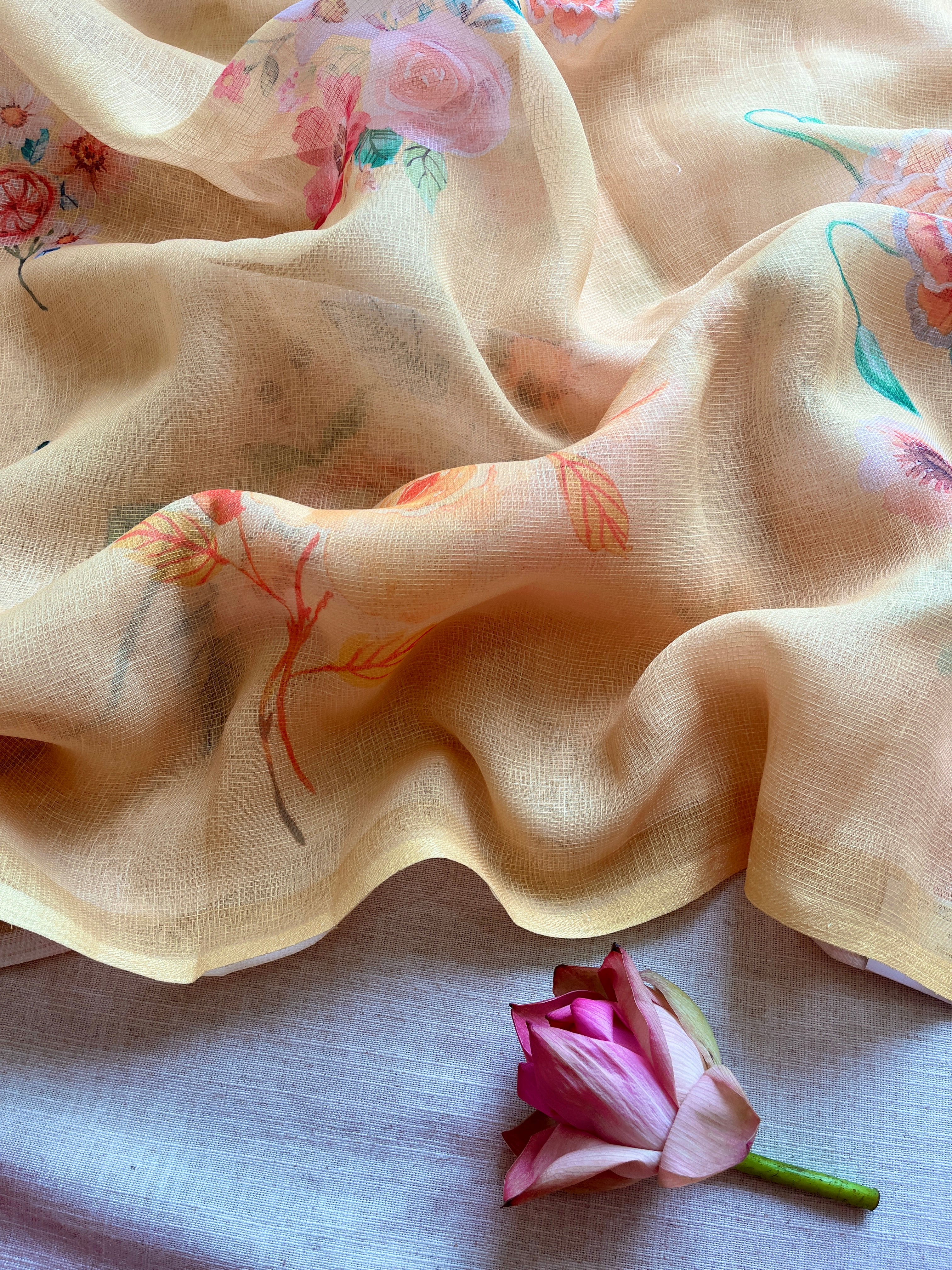 Yellow Floral linen Silk Saree