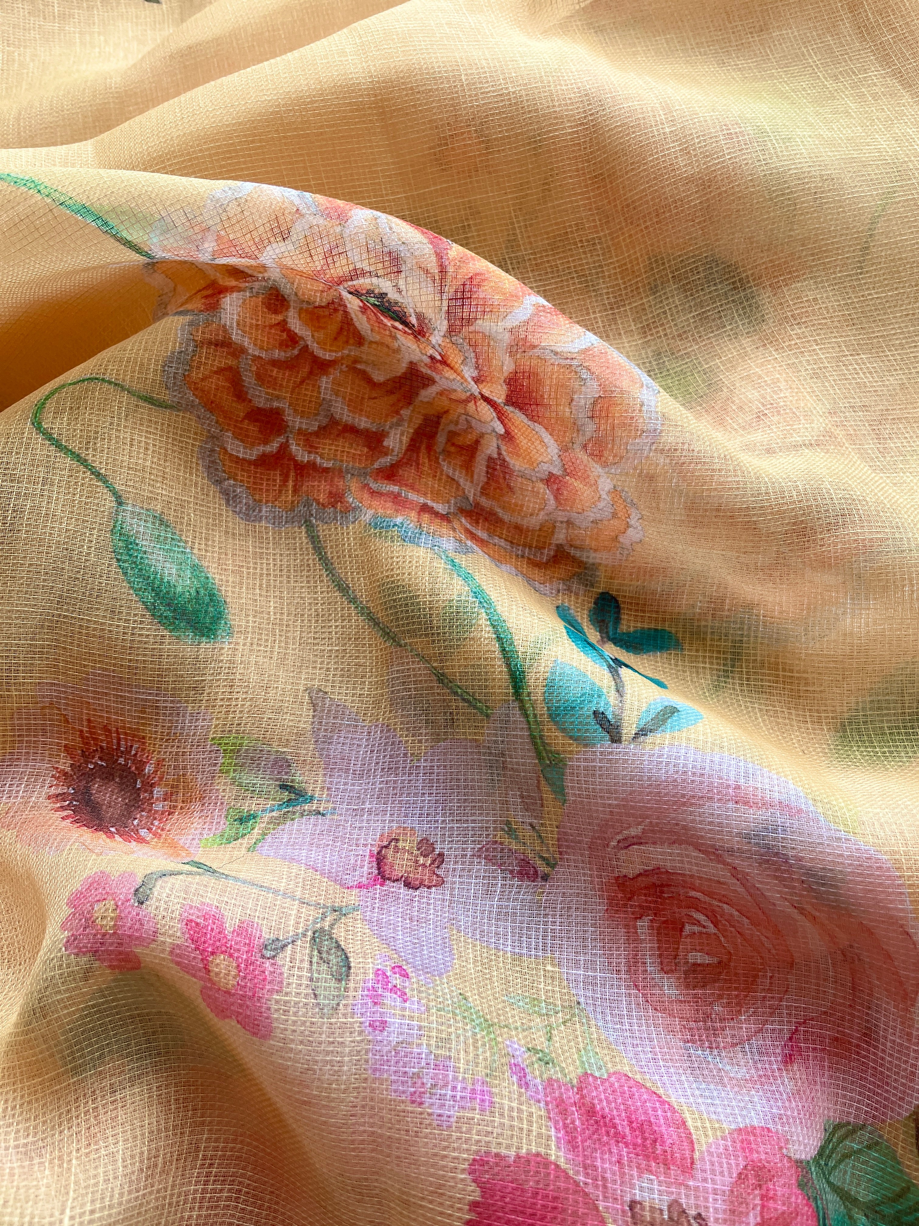 Yellow Floral linen Silk Saree