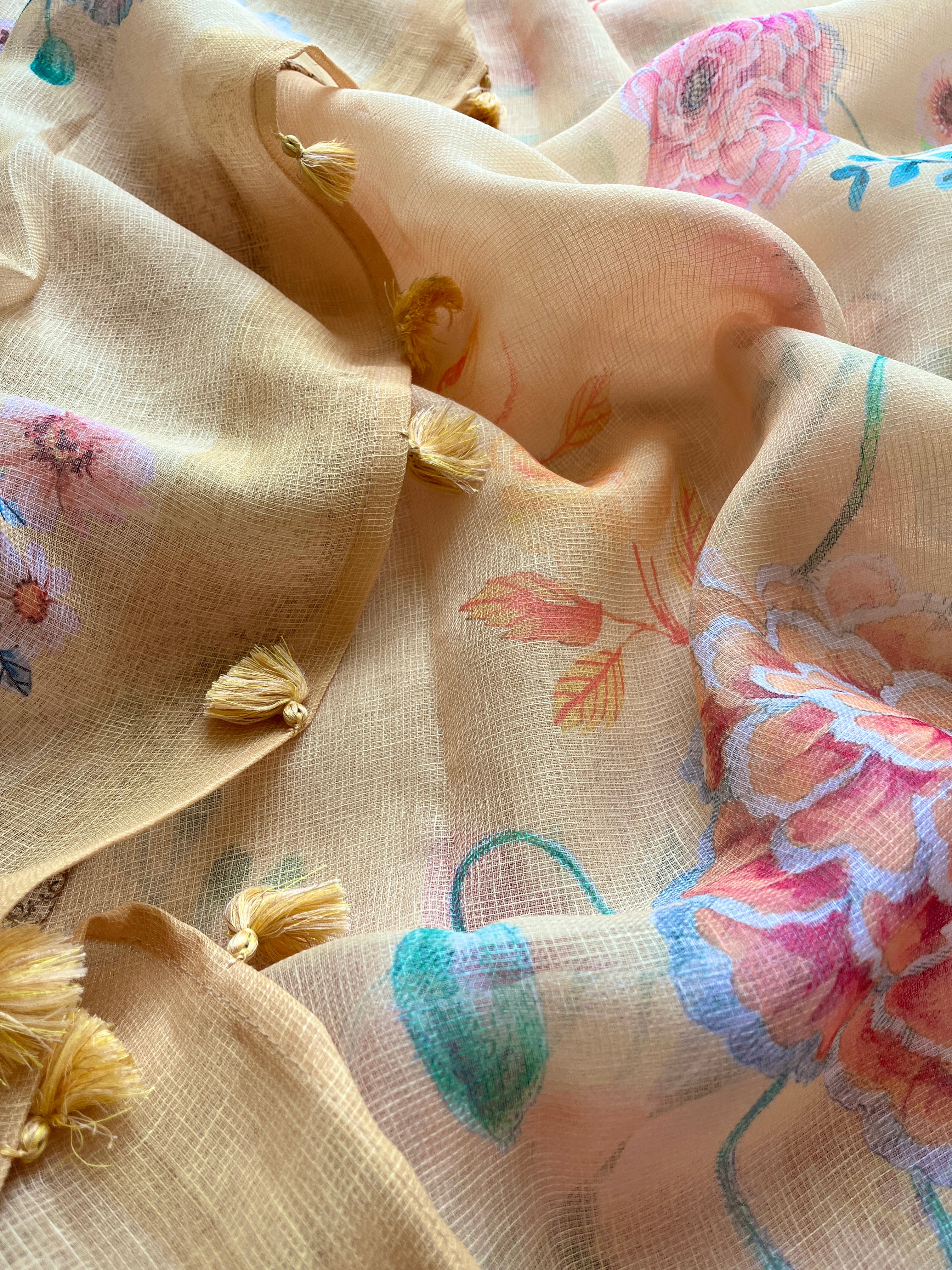 Yellow Floral linen Silk Saree