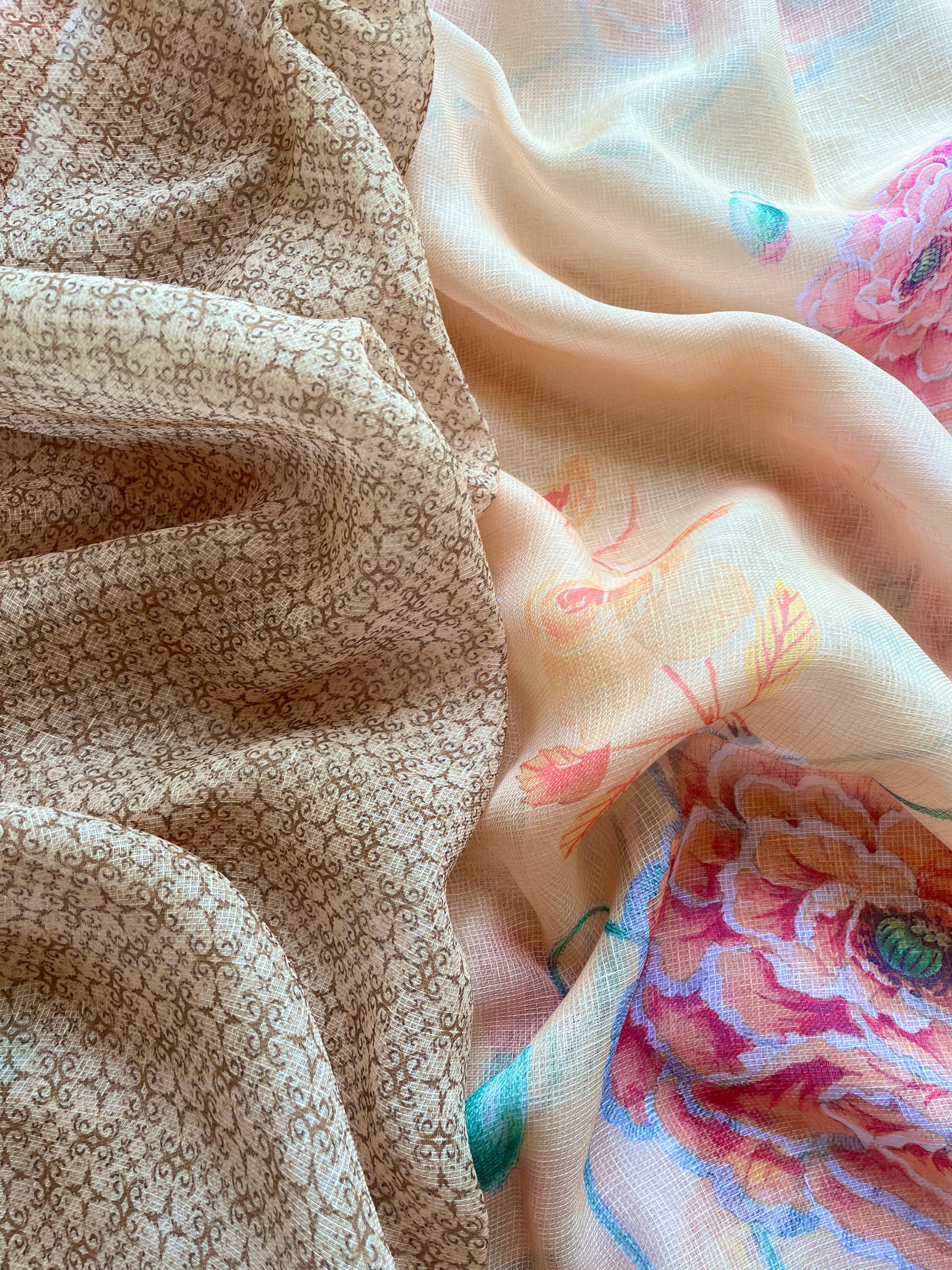 Yellow Floral linen Silk Saree