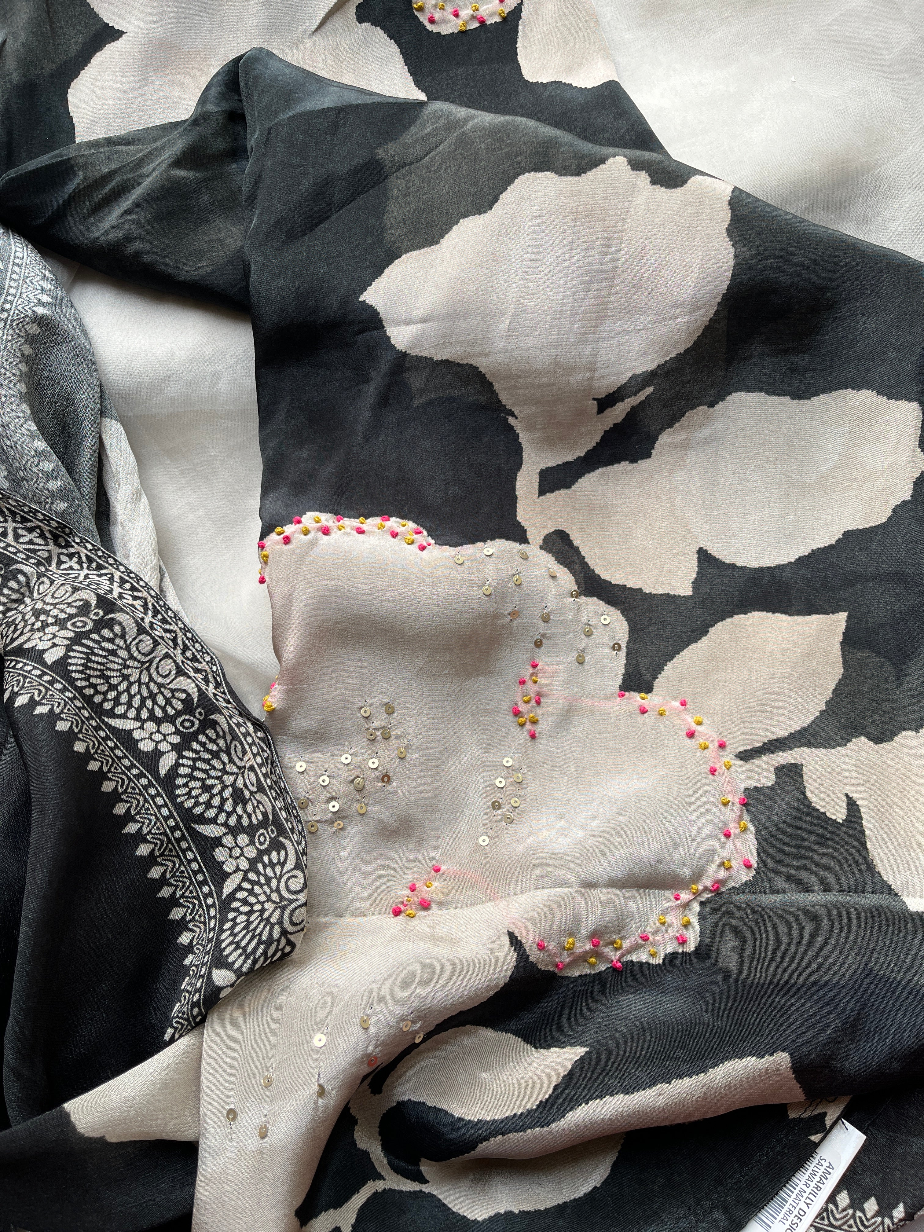 Black floral semi stitched suit set