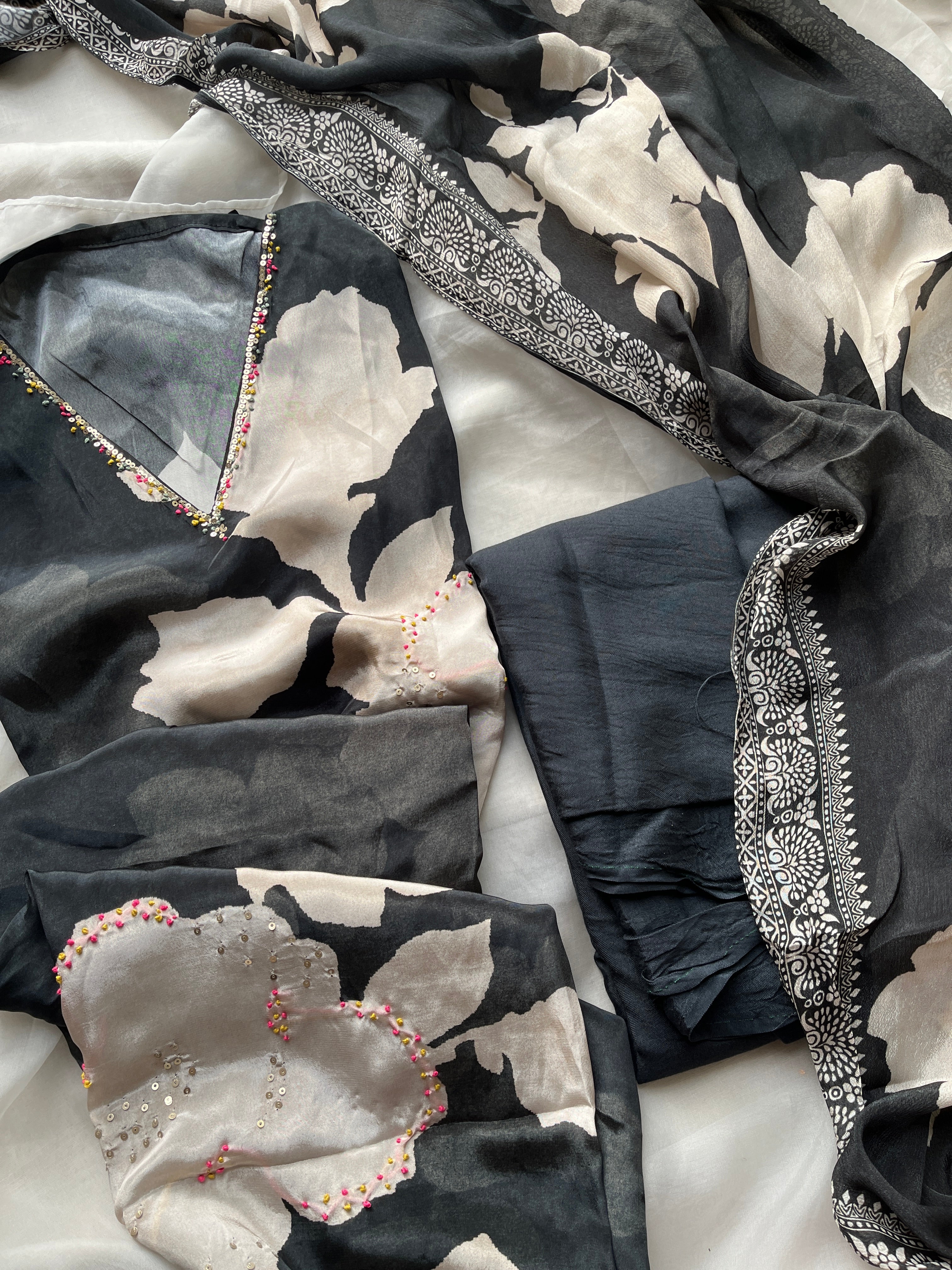 Black floral semi stitched suit set