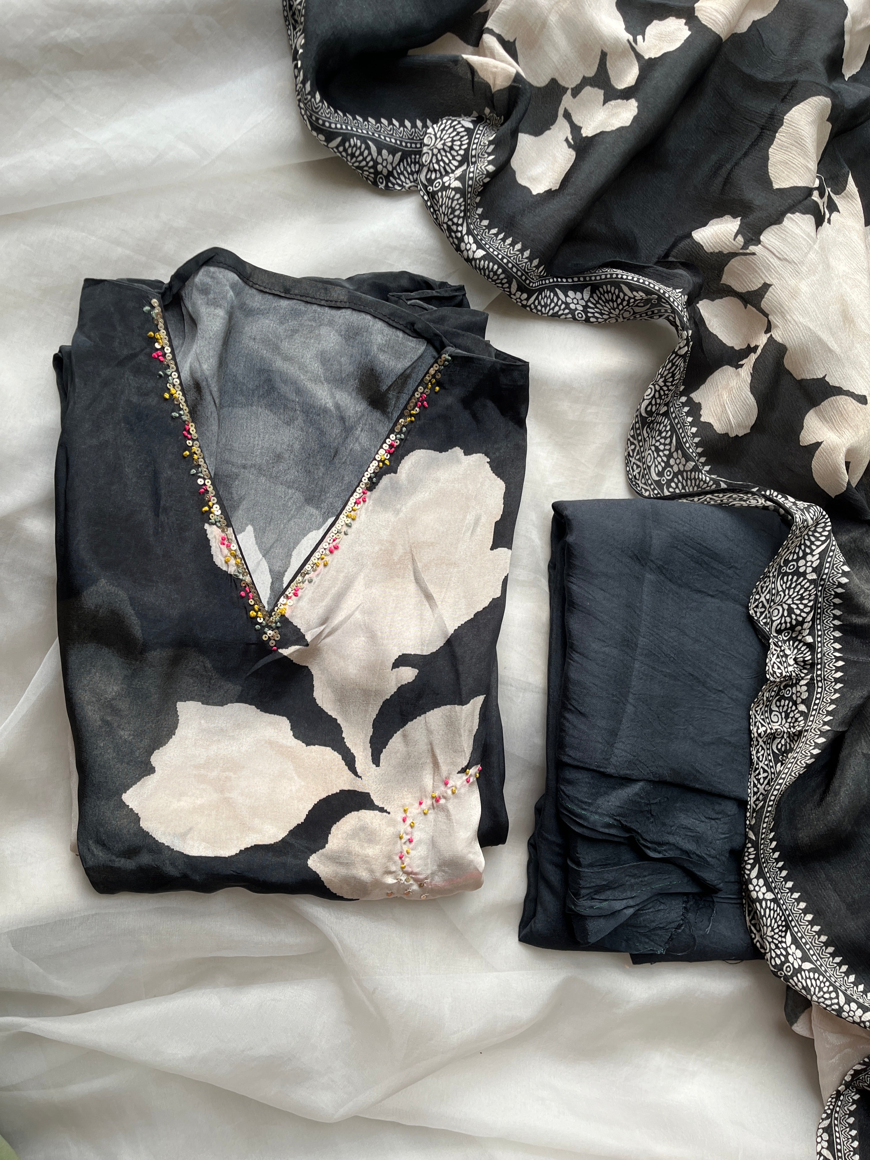Black floral semi stitched suit set