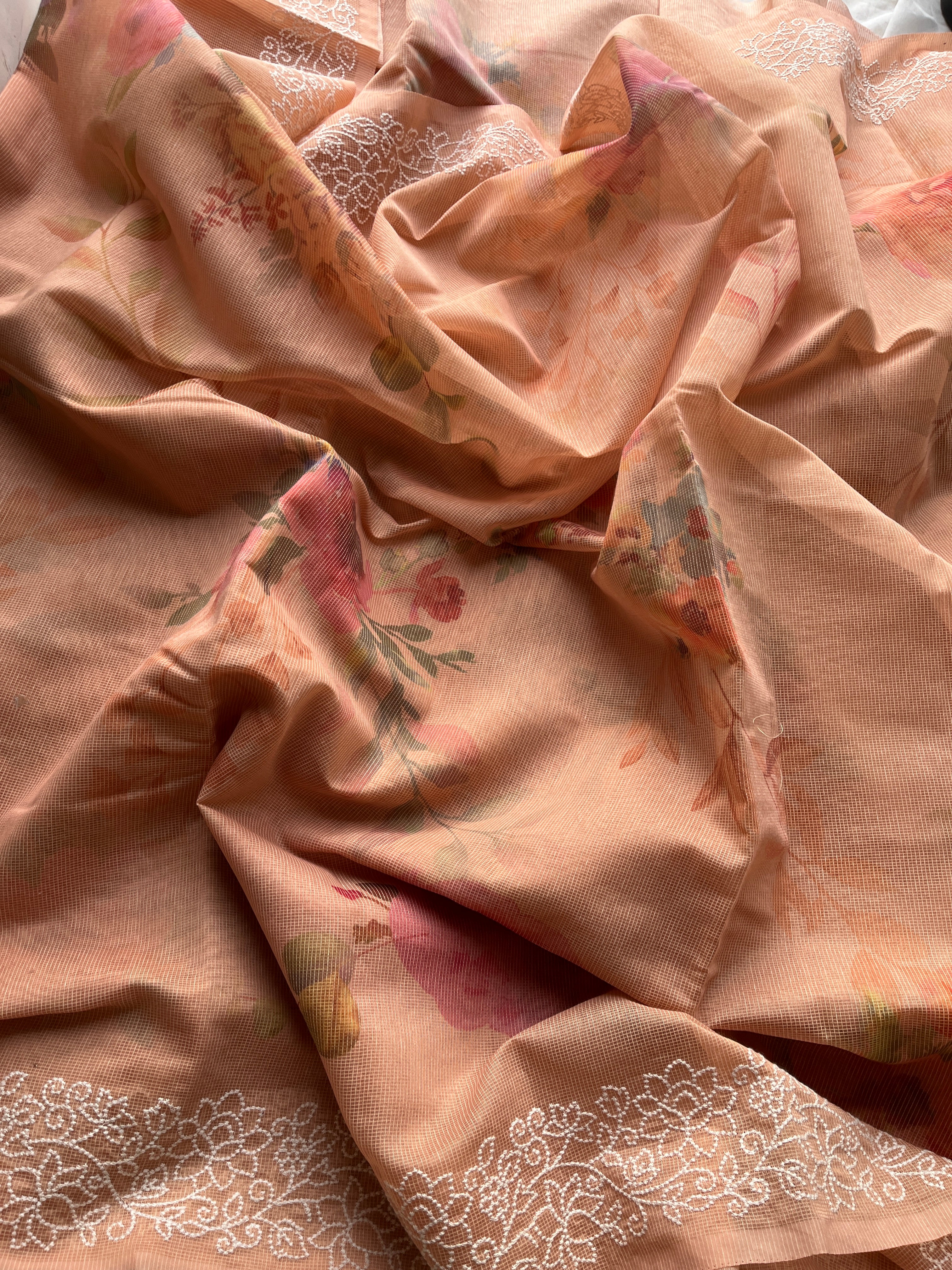 Soft Orange Floral cotton saree