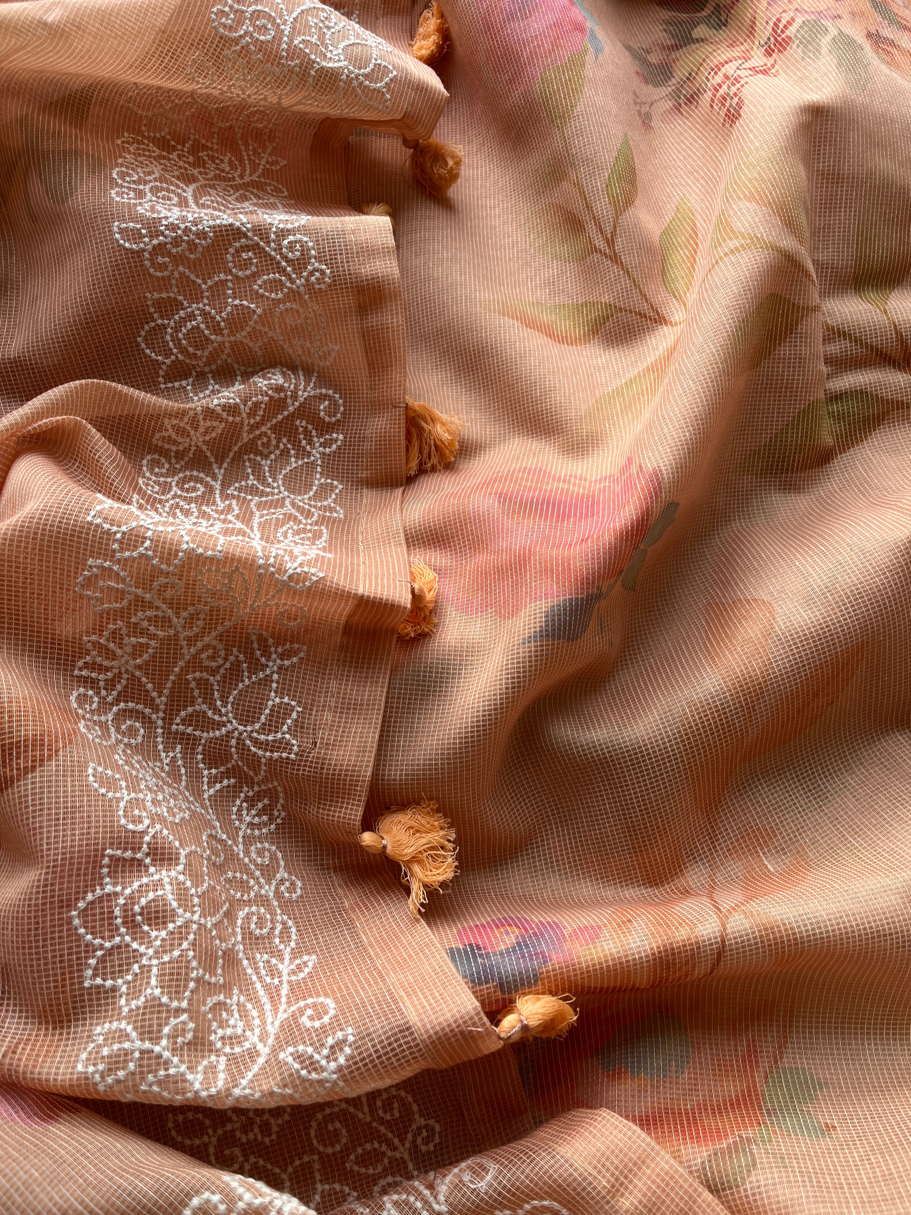 Soft Orange Floral cotton saree