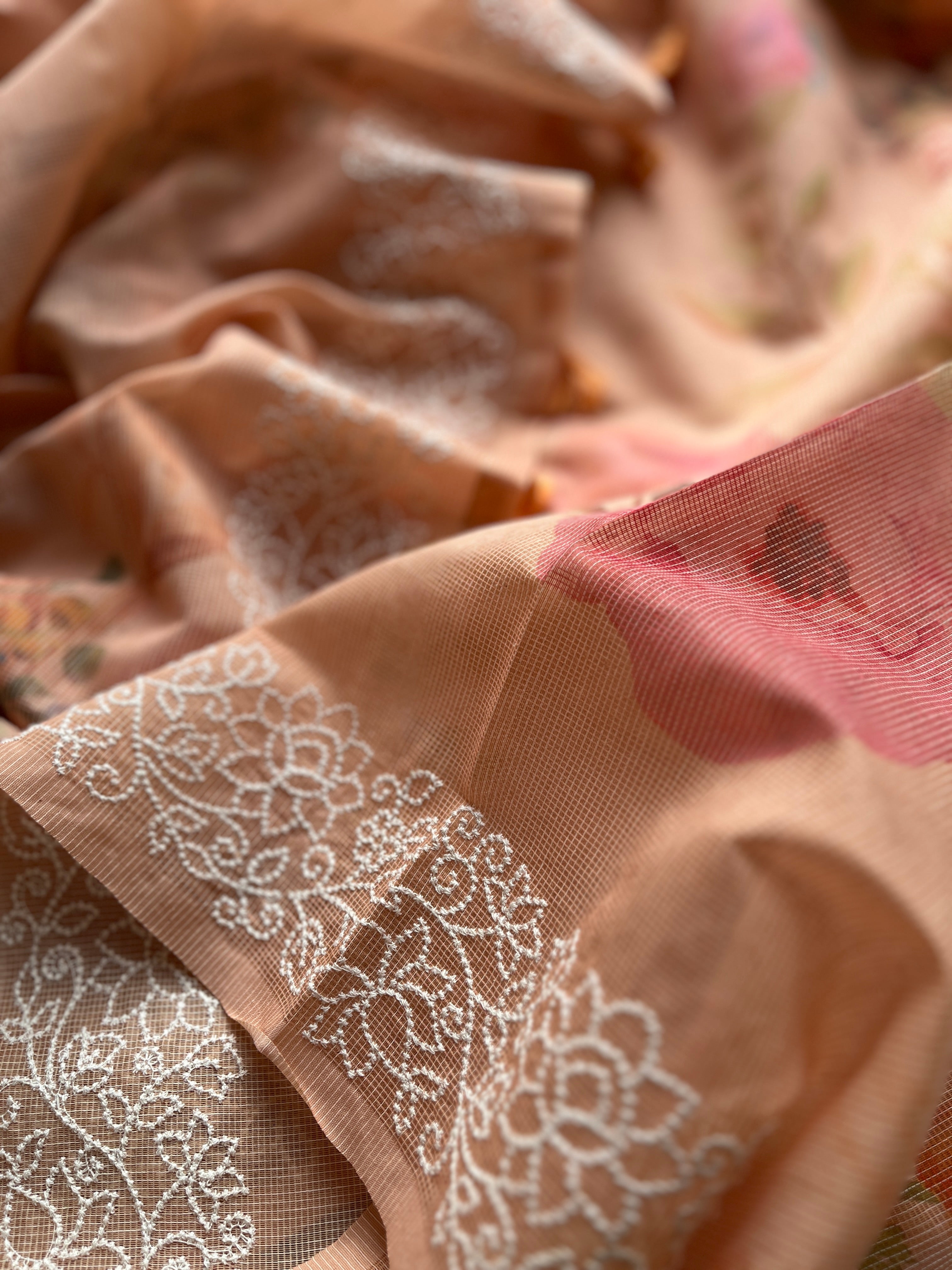 Soft Orange Floral cotton saree