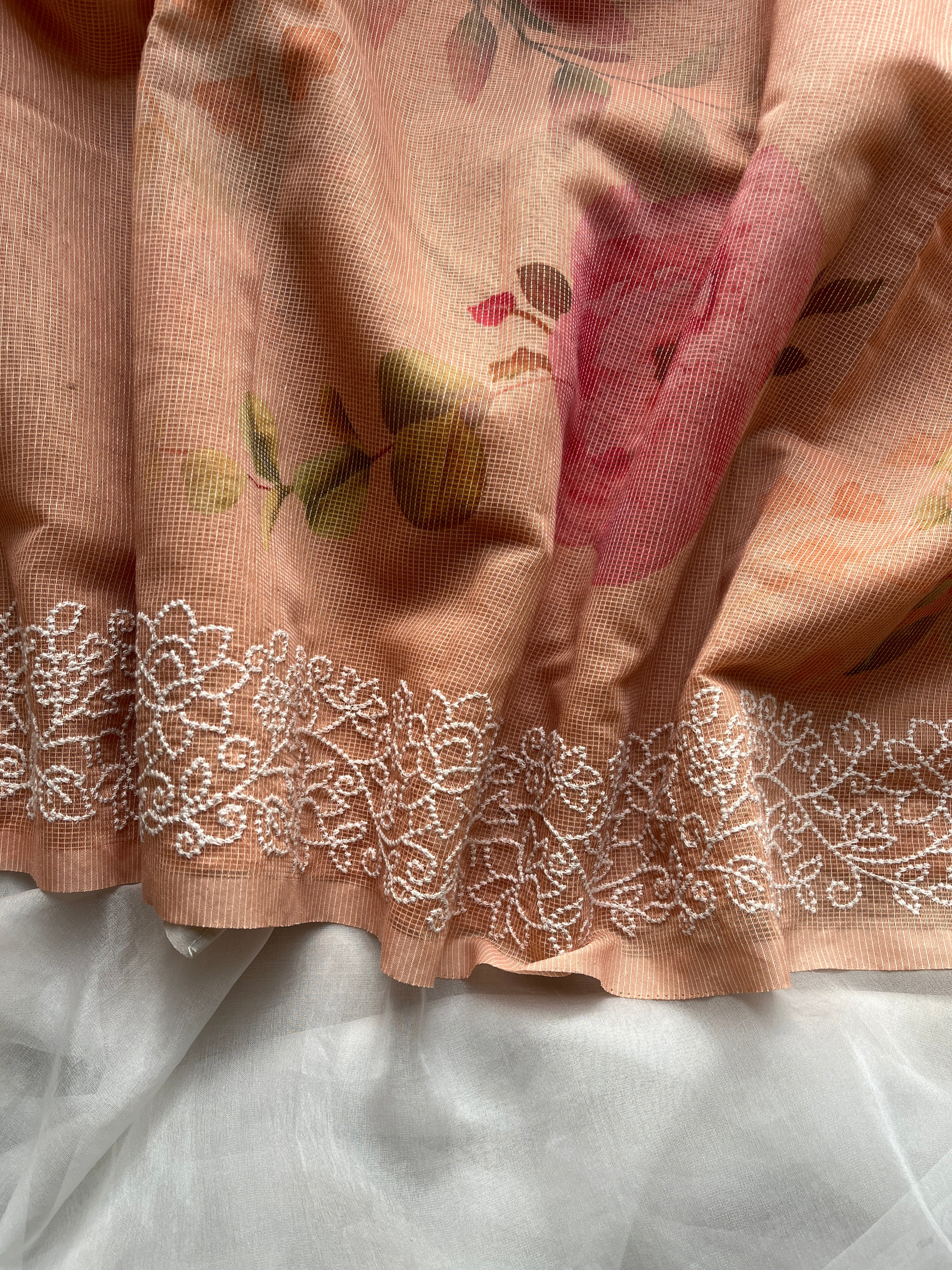 Soft Orange Floral cotton saree