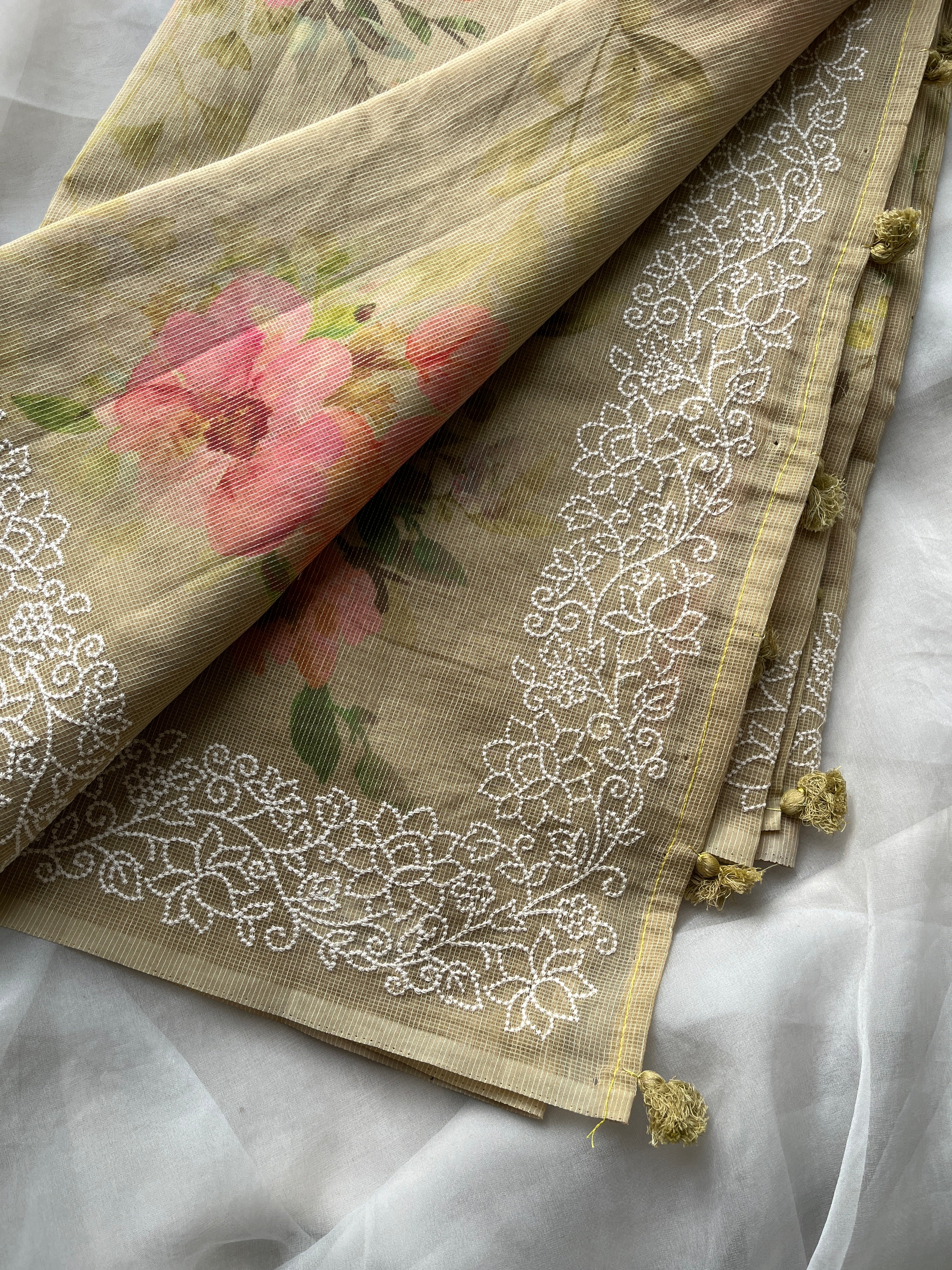 Pistachio green Floral cotton saree