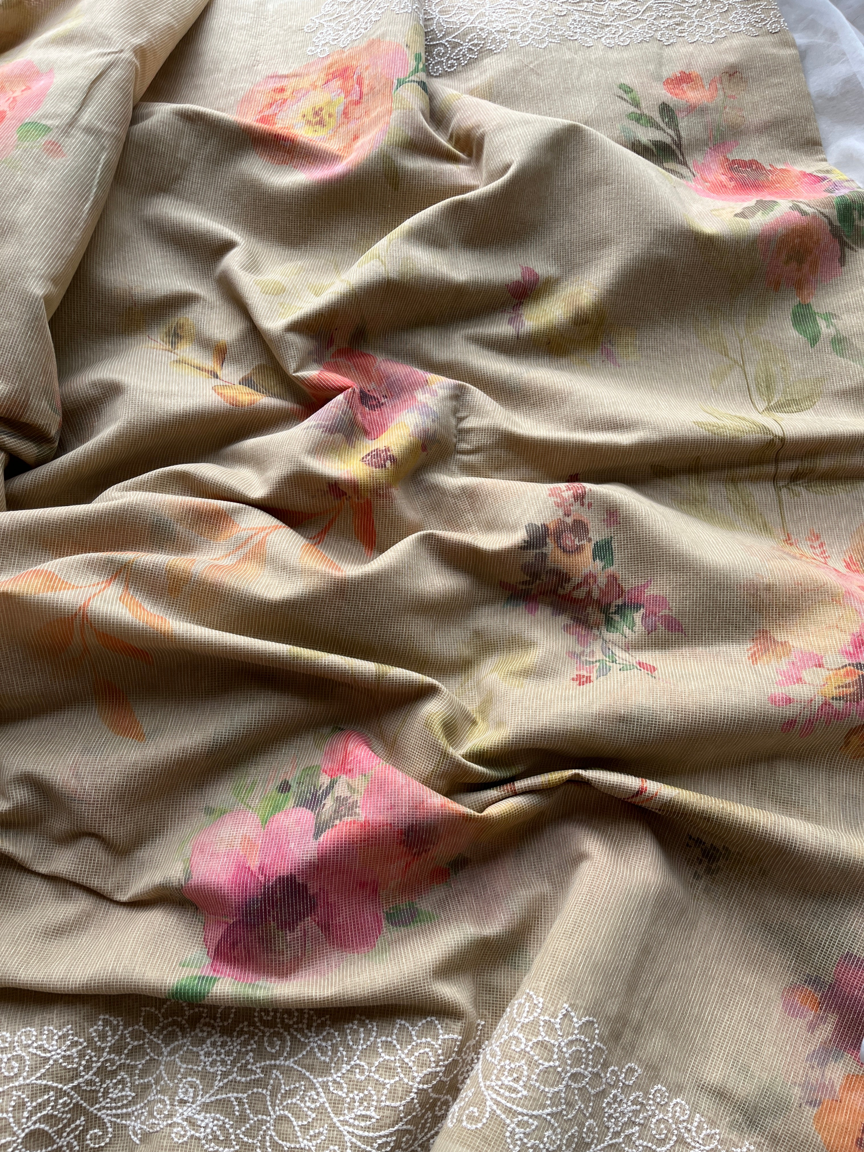Pistachio green Floral cotton saree