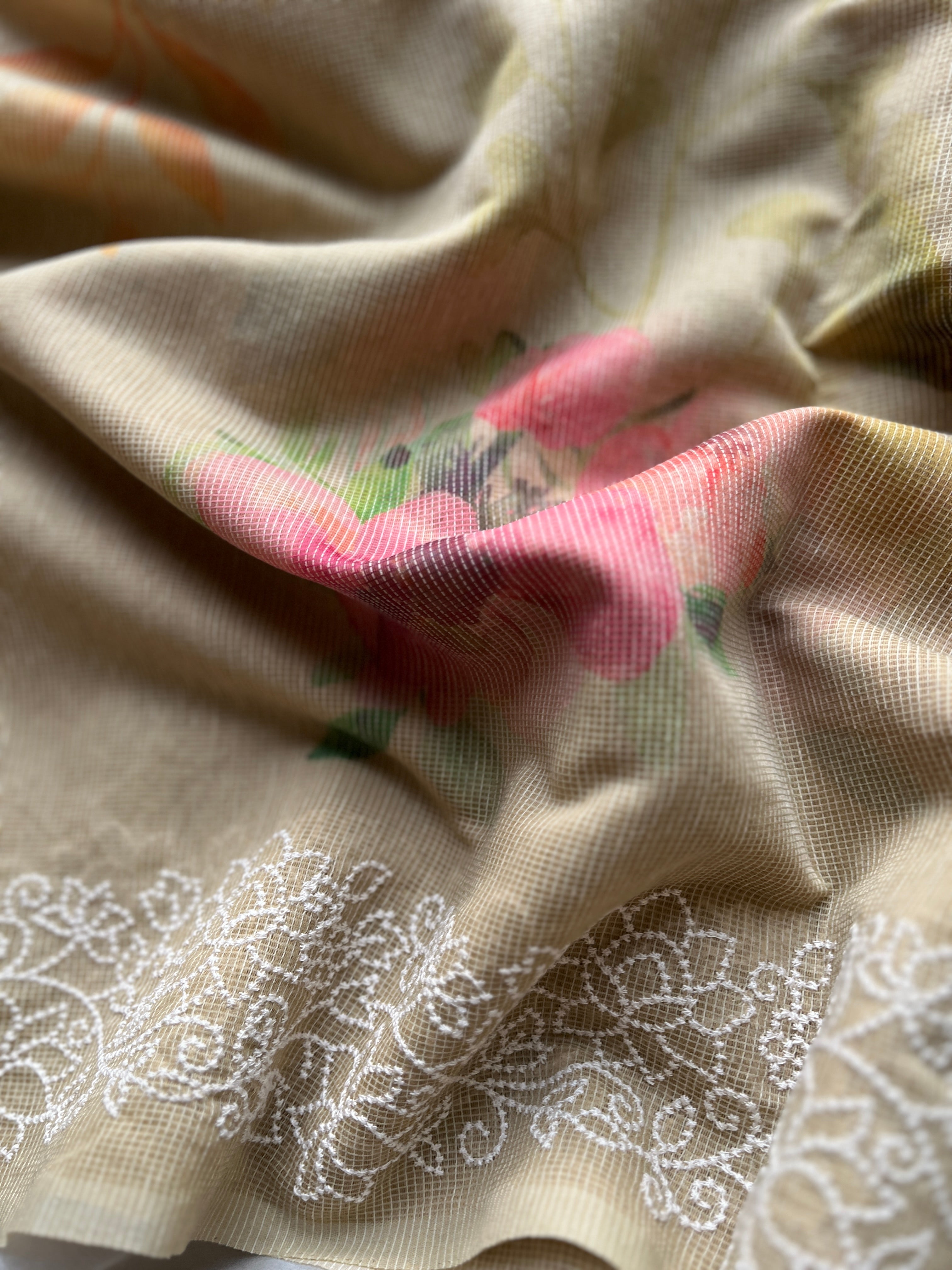 Pistachio green Floral cotton saree