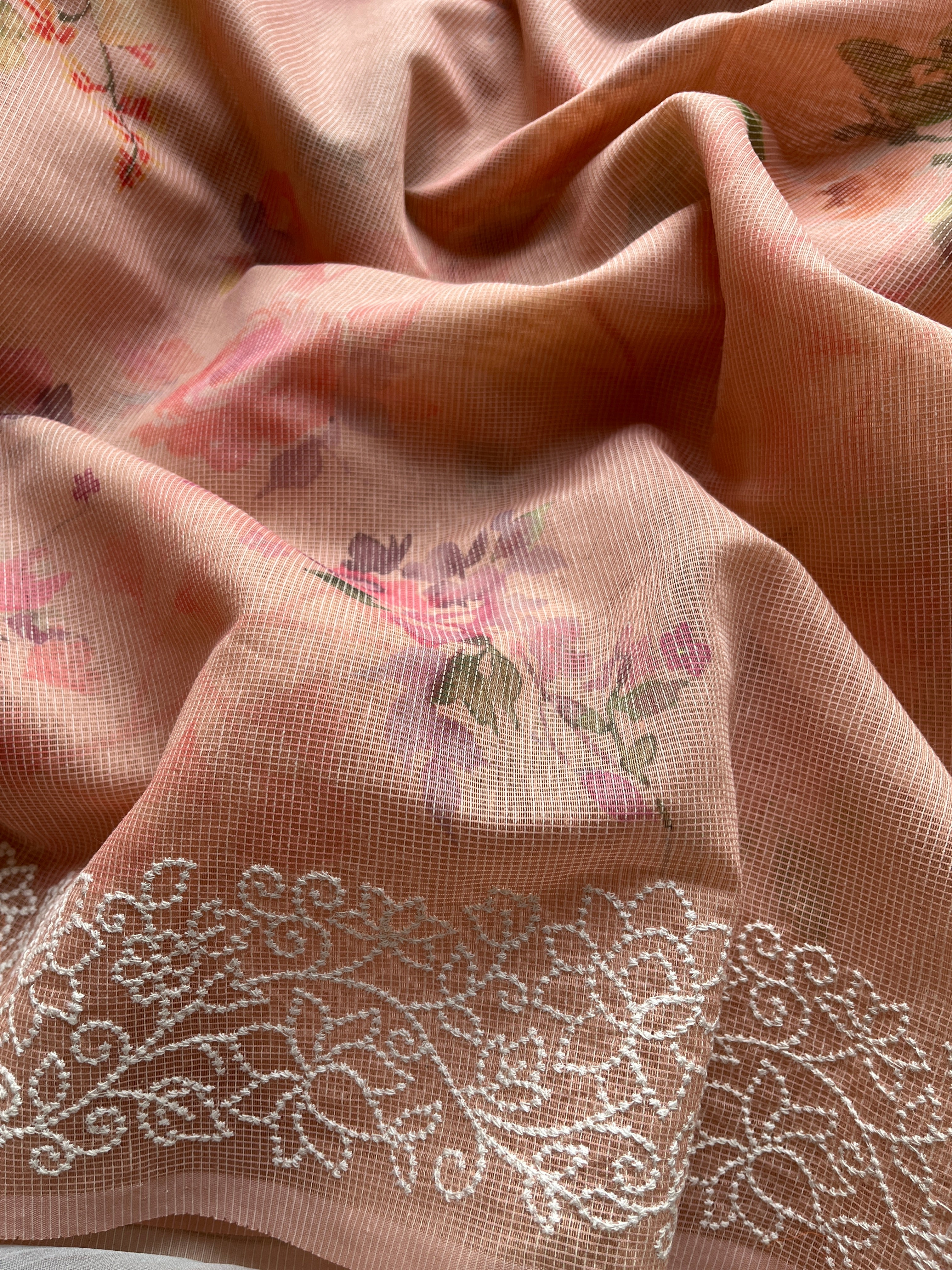 Peach blush Floral cotton saree