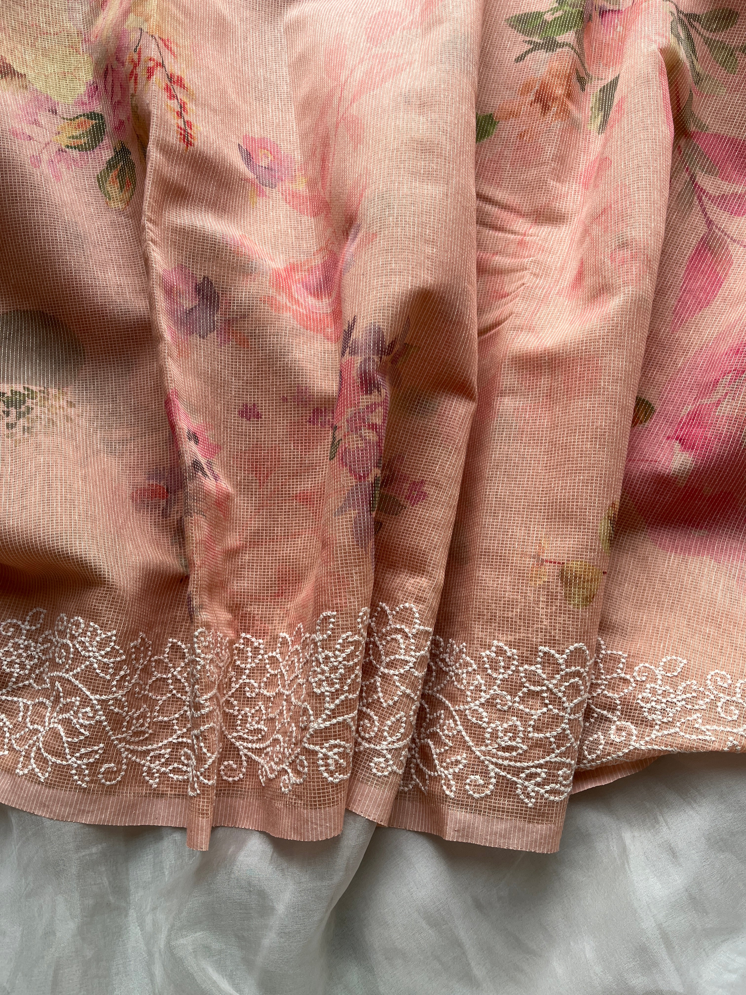 Peach blush Floral cotton saree