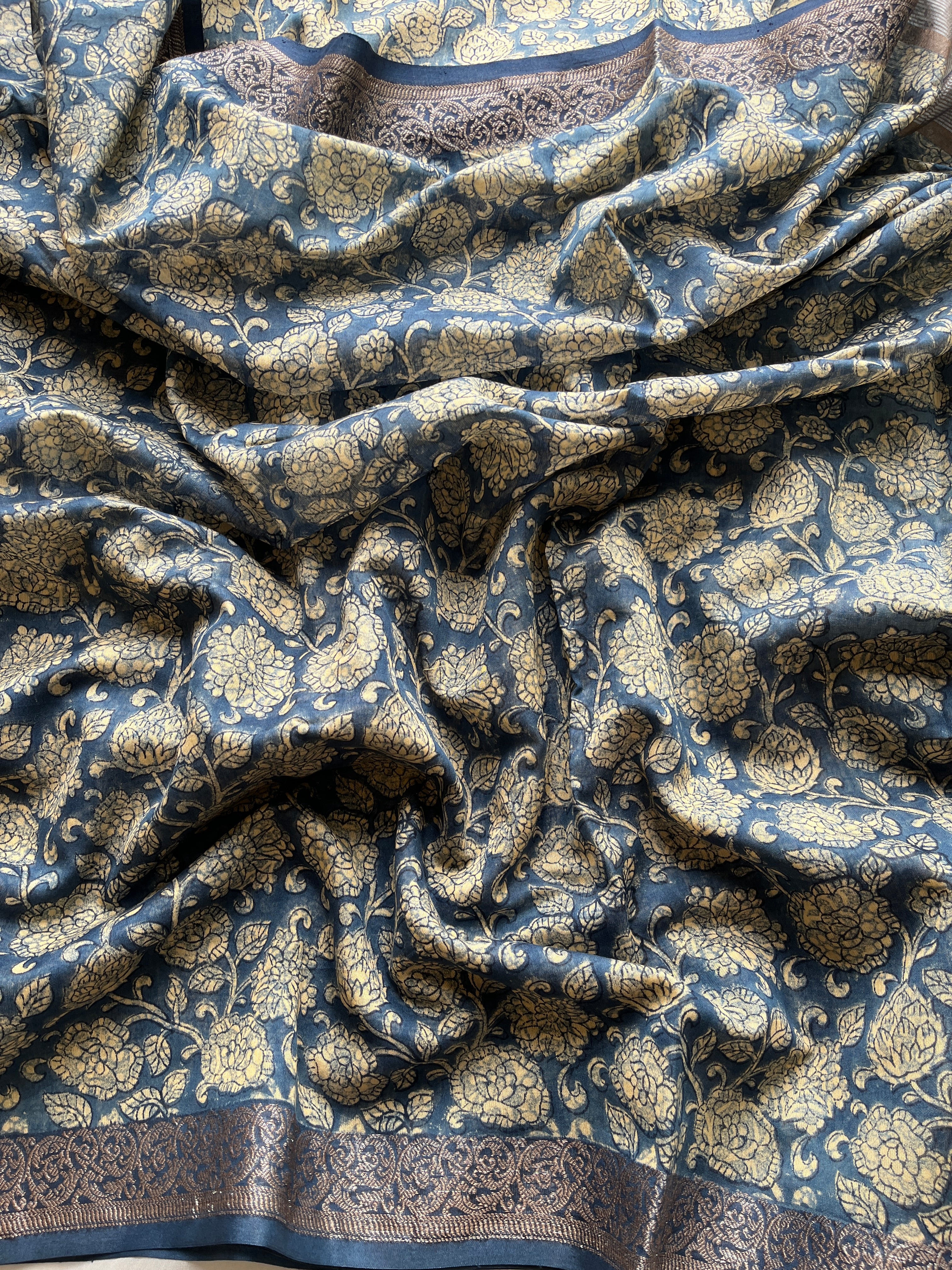 Blue Chanderi Floral printed saree