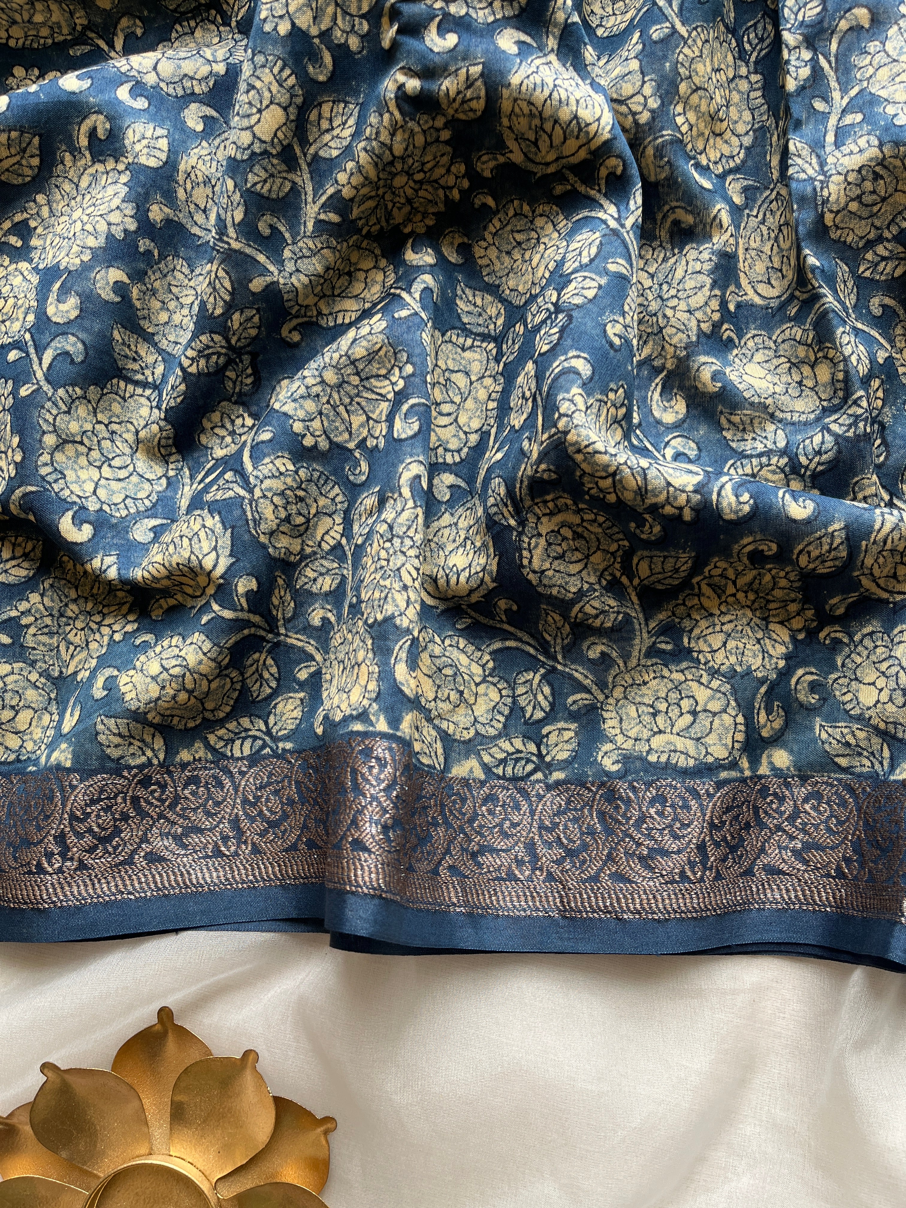 Blue Chanderi Floral printed saree