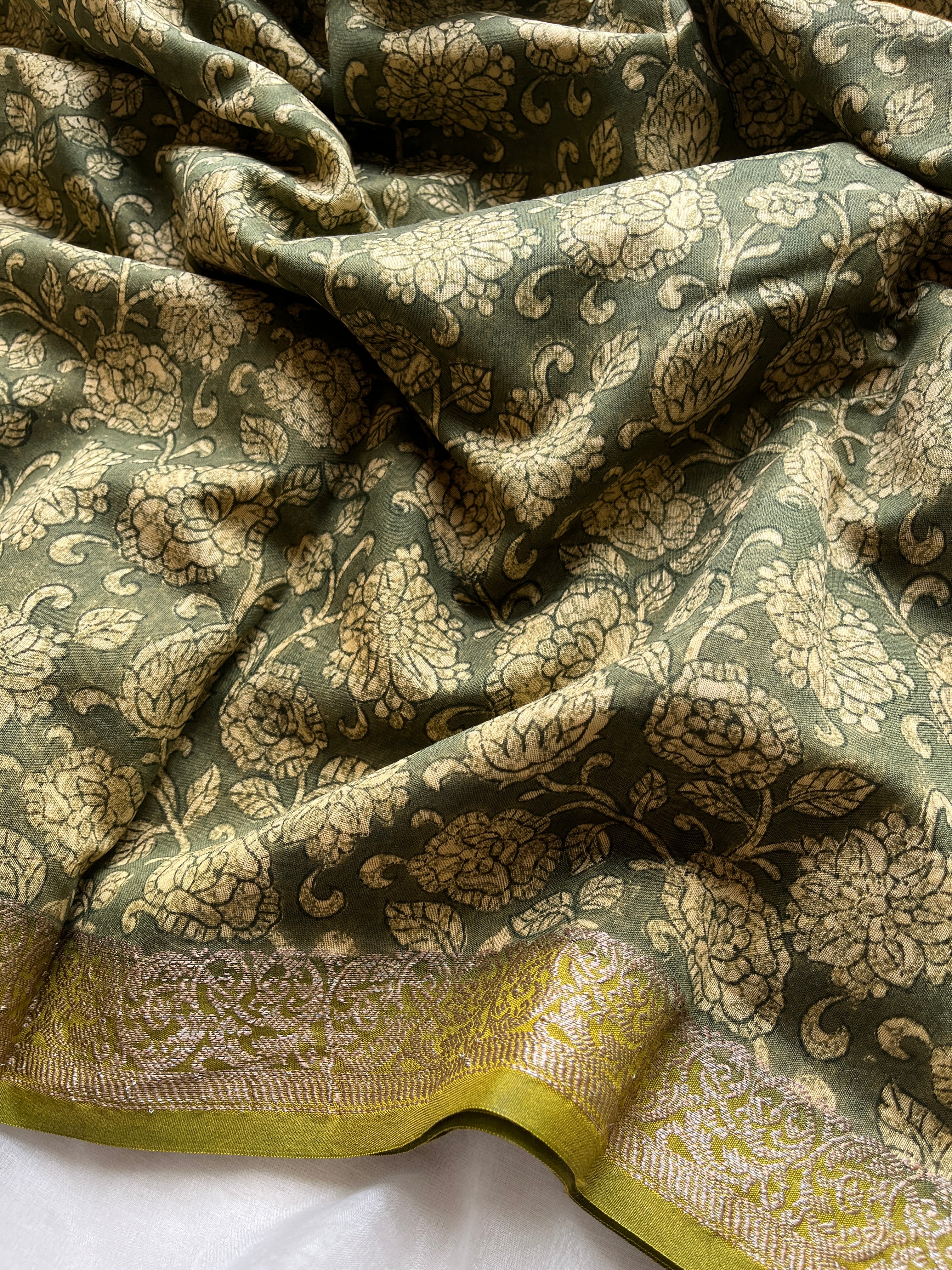 Green Chanderi Floral printed saree