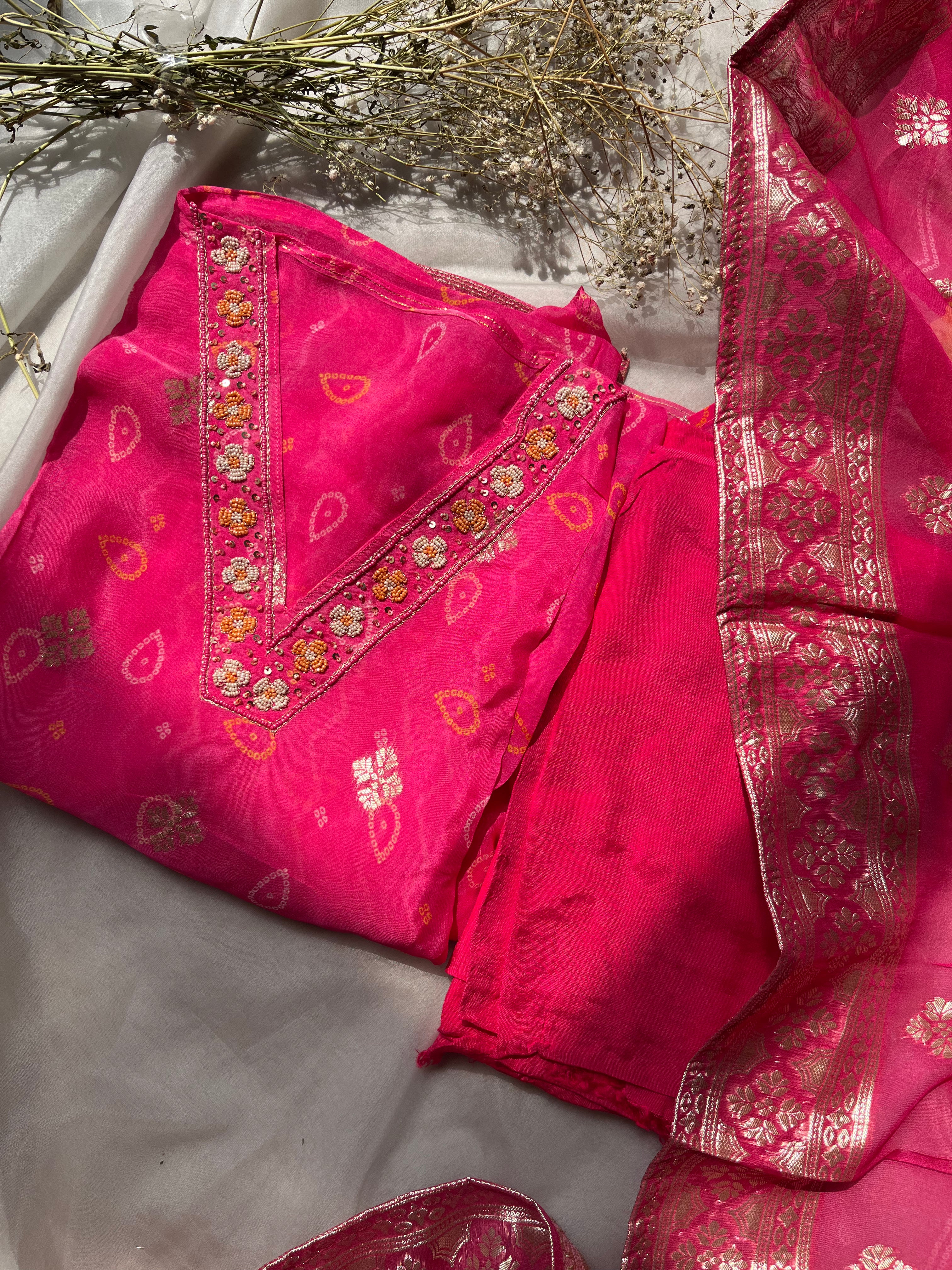 Rani pink organza Semi stitched salwar