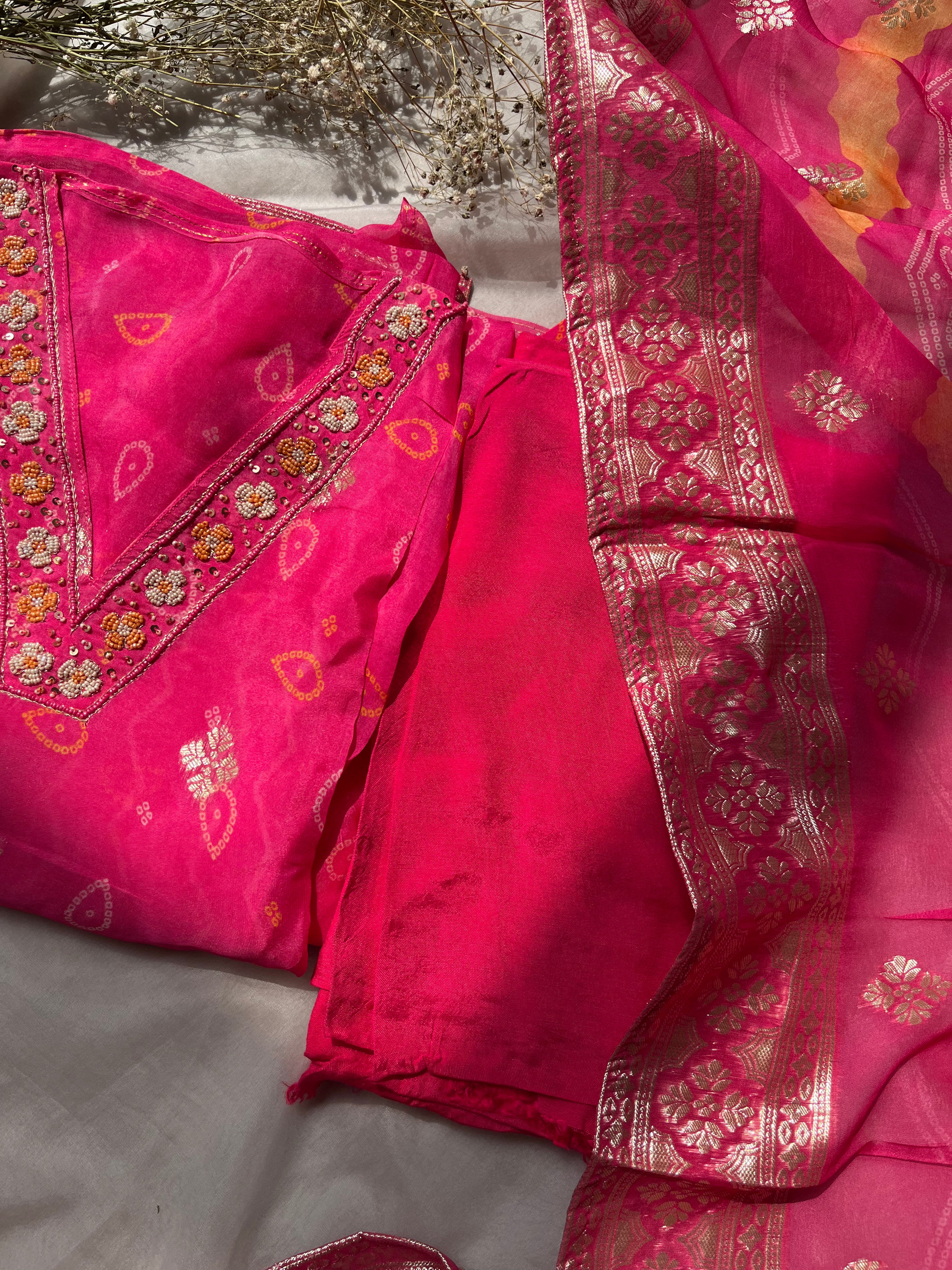 Rani pink organza Semi stitched salwar