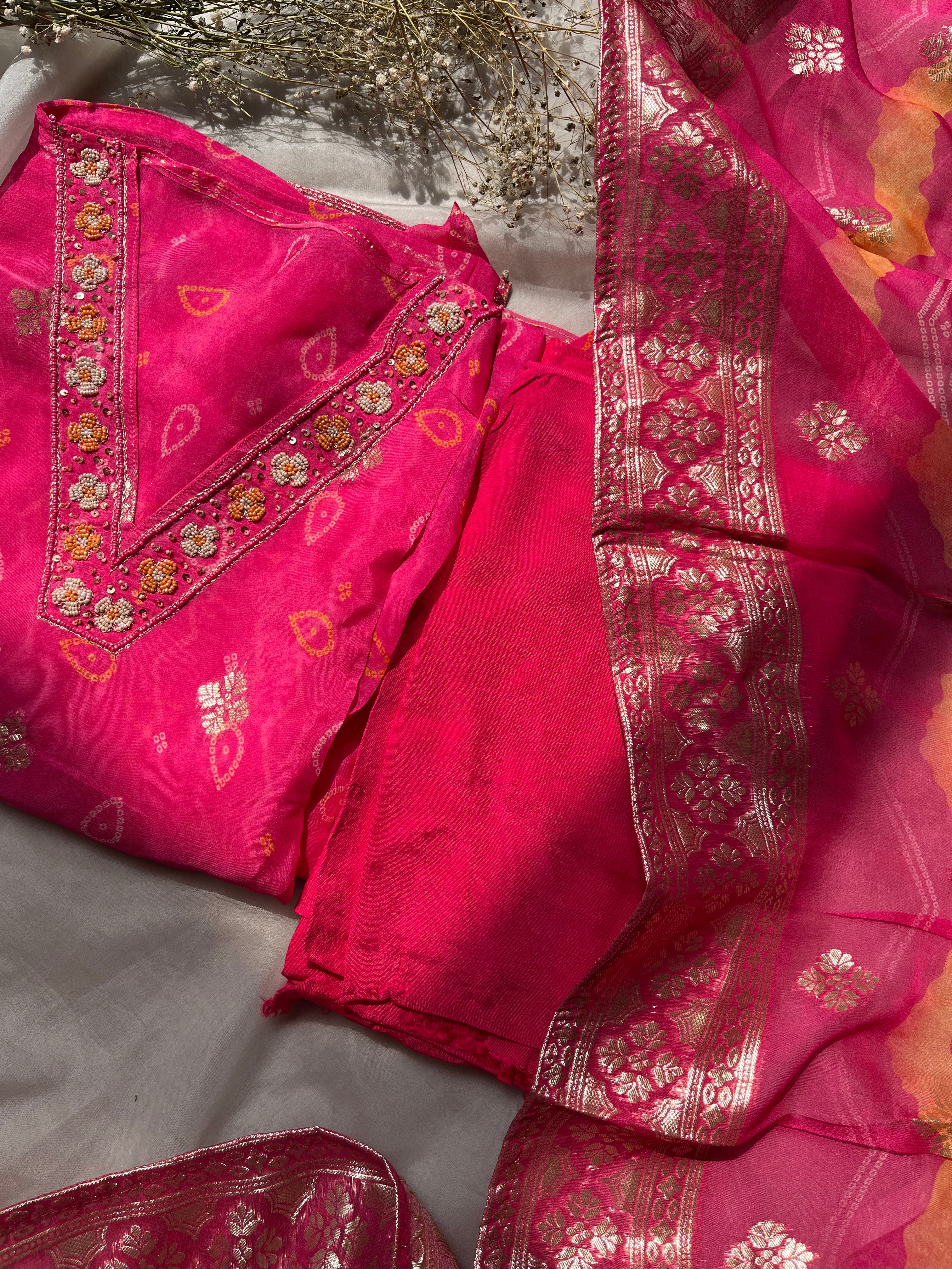 Rani pink organza Semi stitched salwar