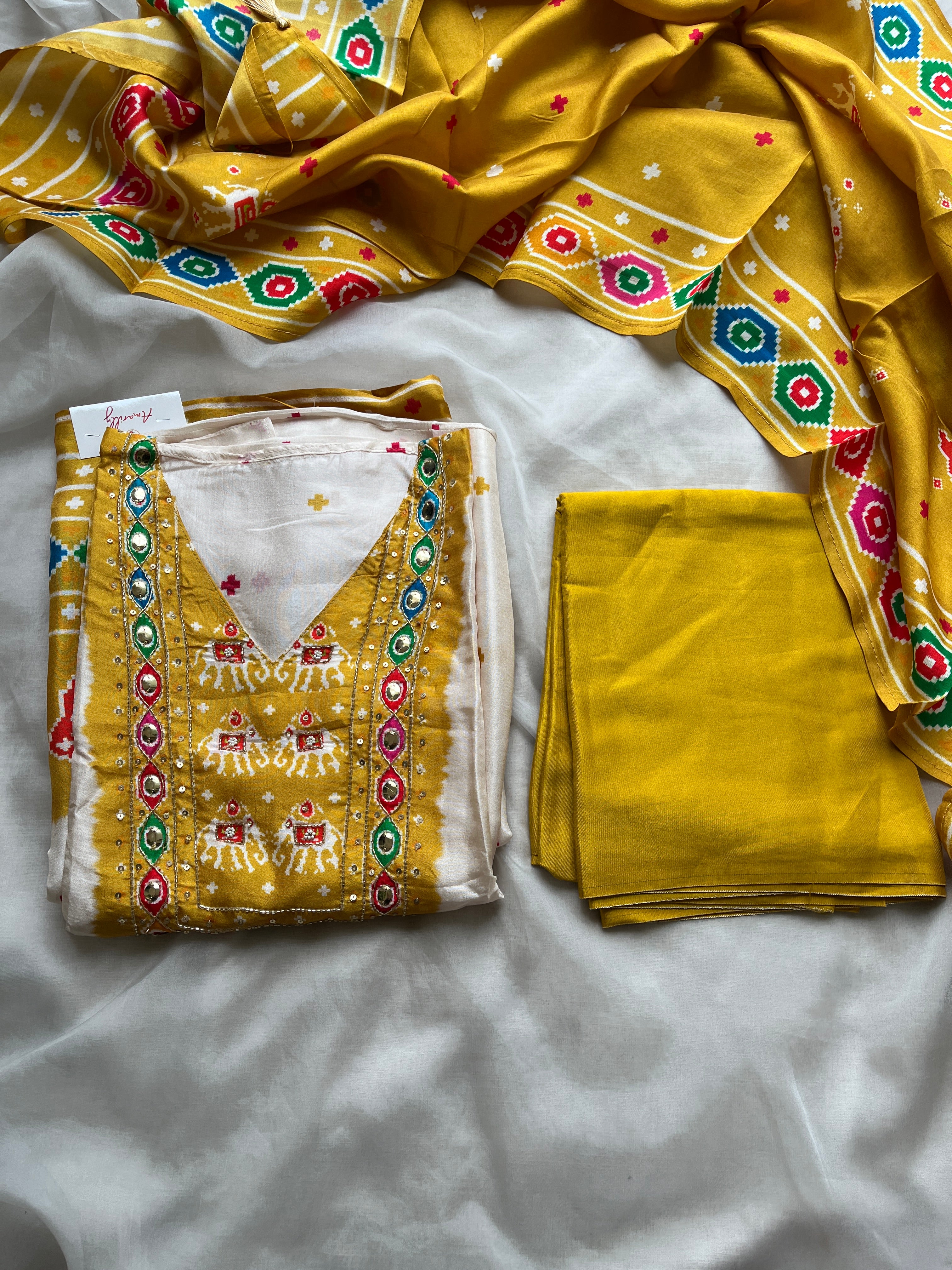 Yellow Patola semi stitched suit set