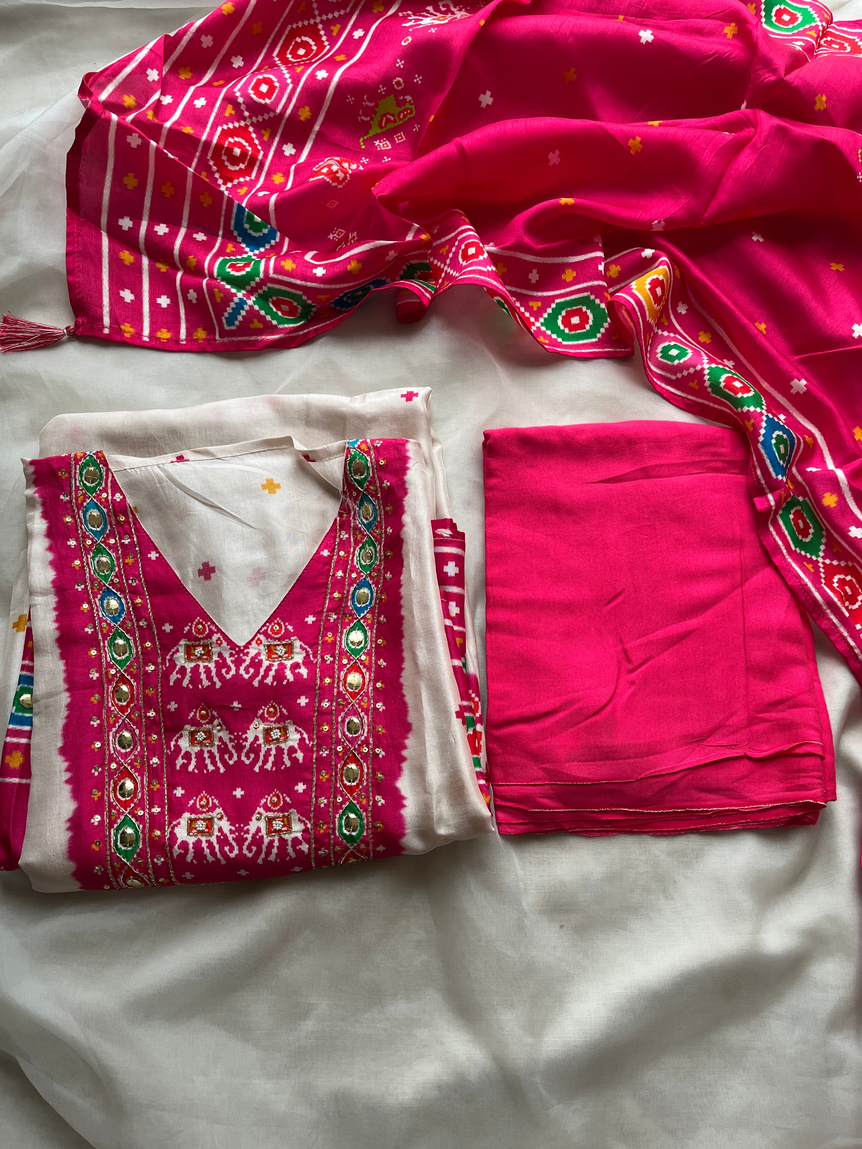 Pink Patola semi stitched suit set