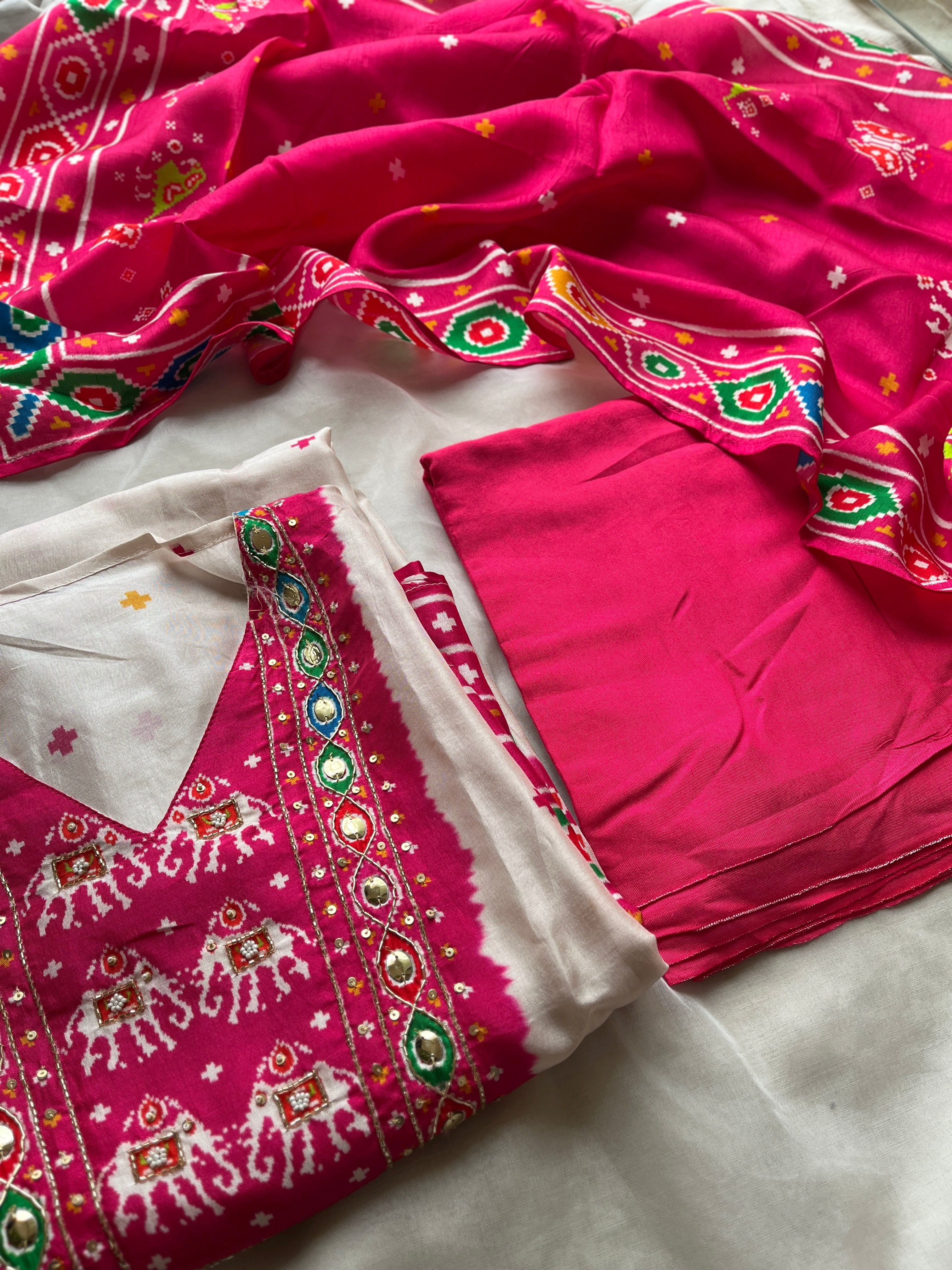 Pink Patola semi stitched suit set