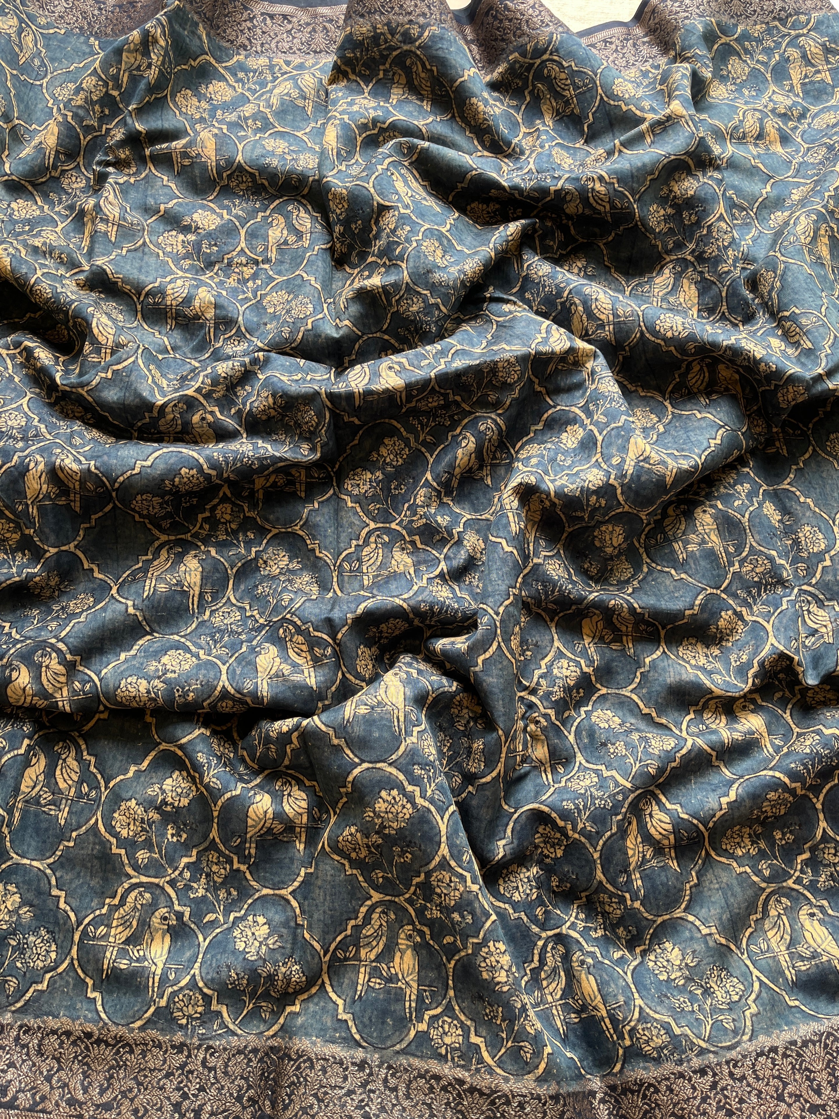 Blue Chanderi Mughal printed saree