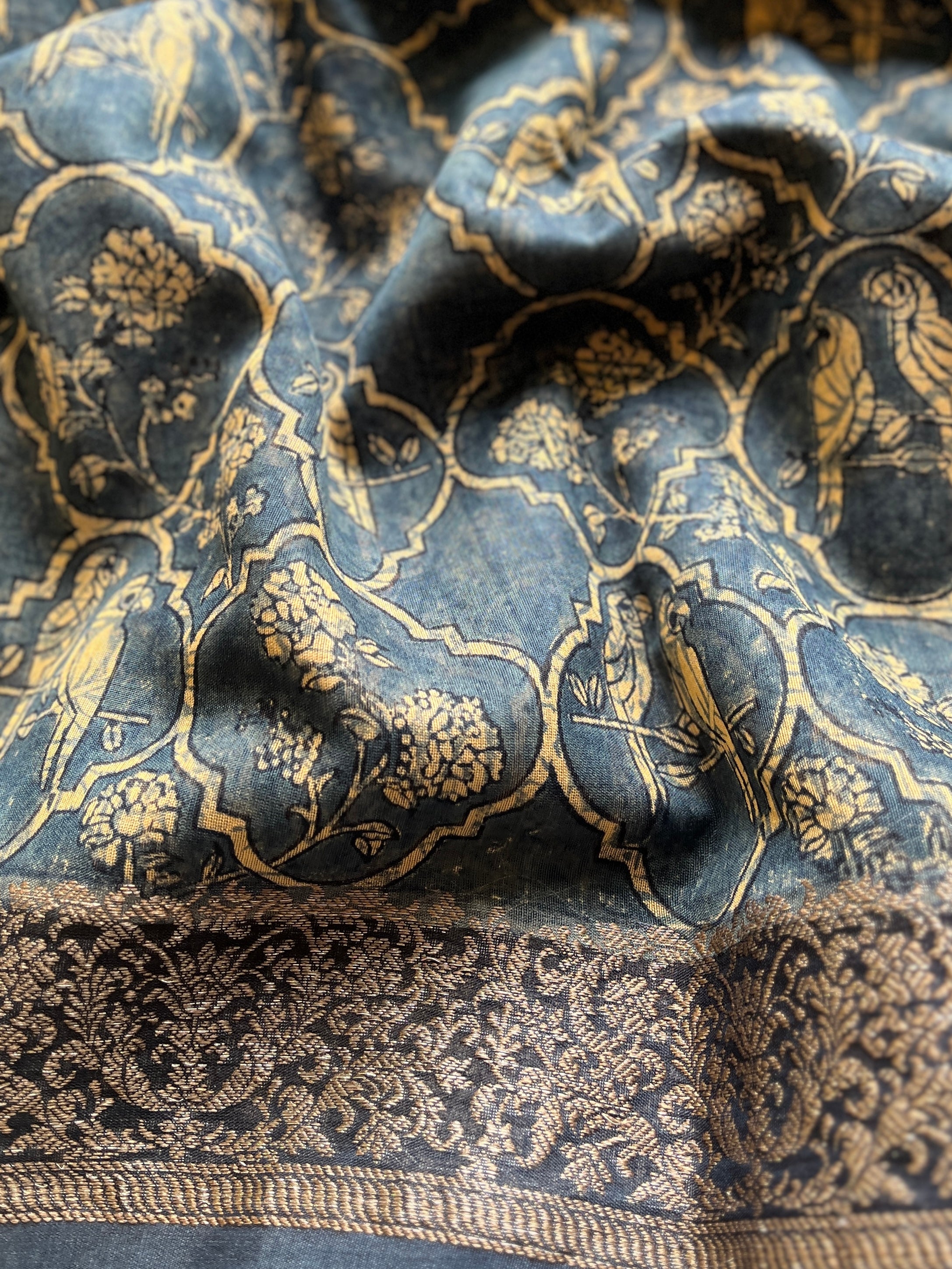 Blue Chanderi Mughal printed saree