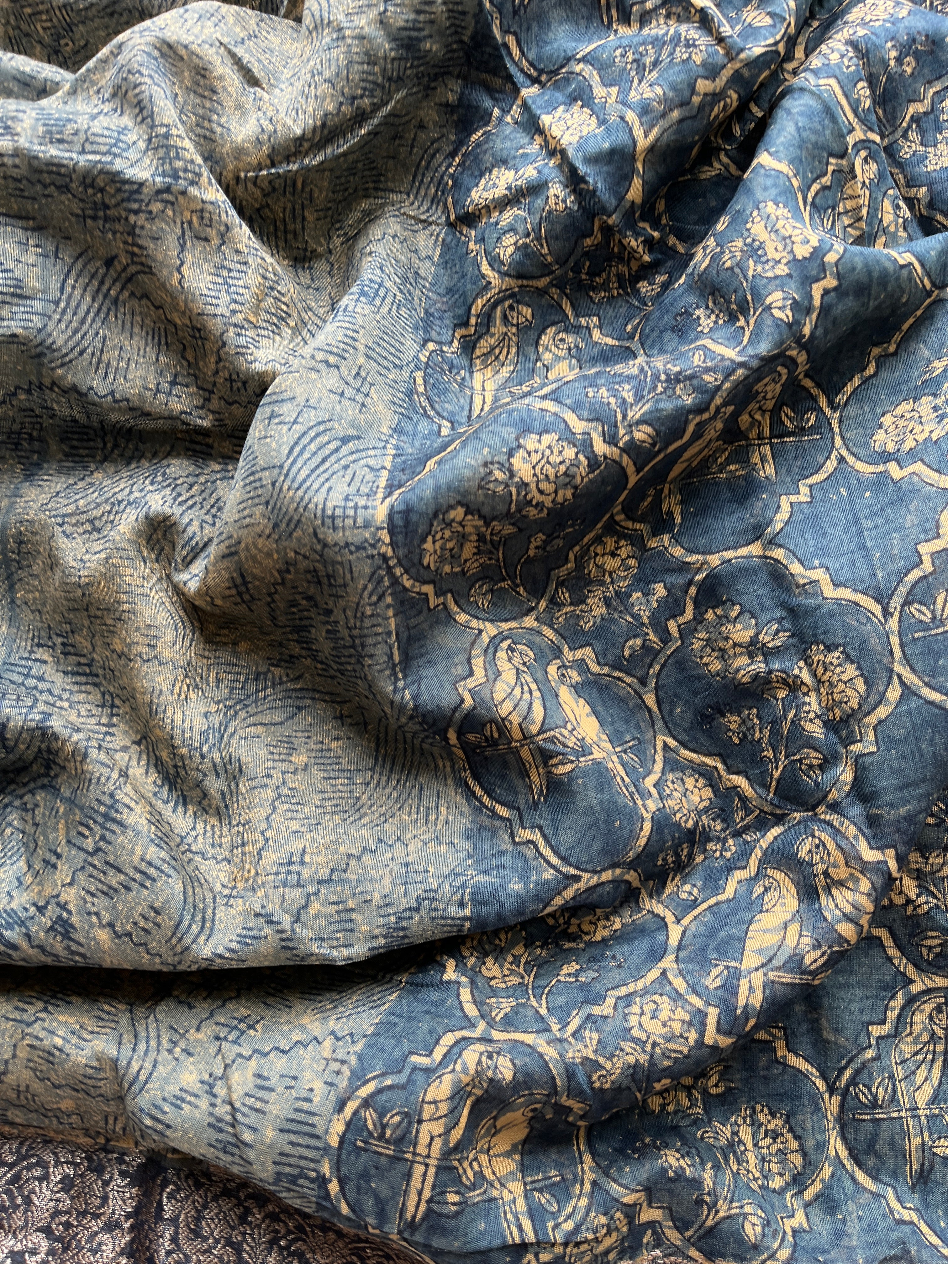 Blue Chanderi Mughal printed saree
