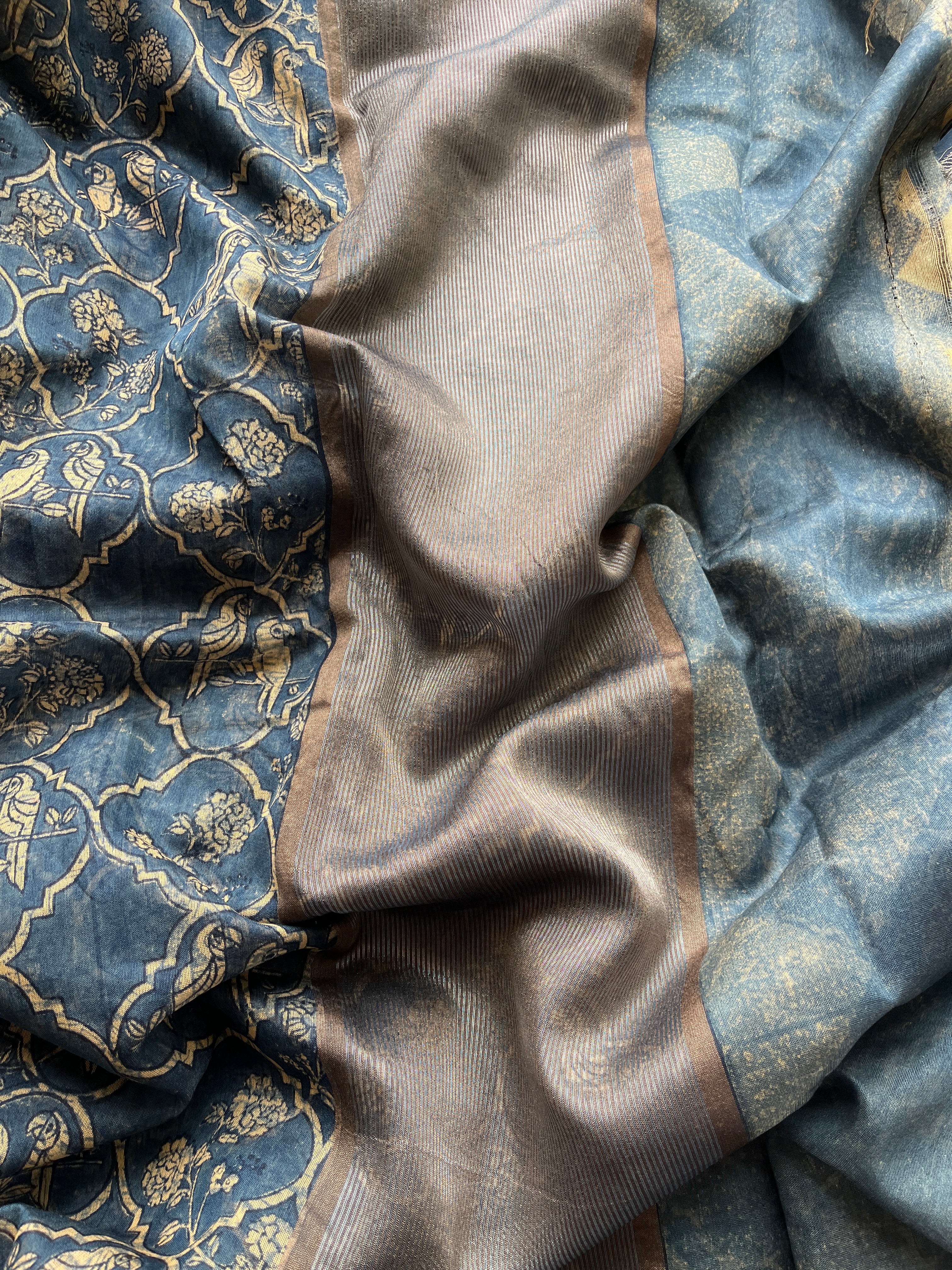 Blue Chanderi Mughal printed saree
