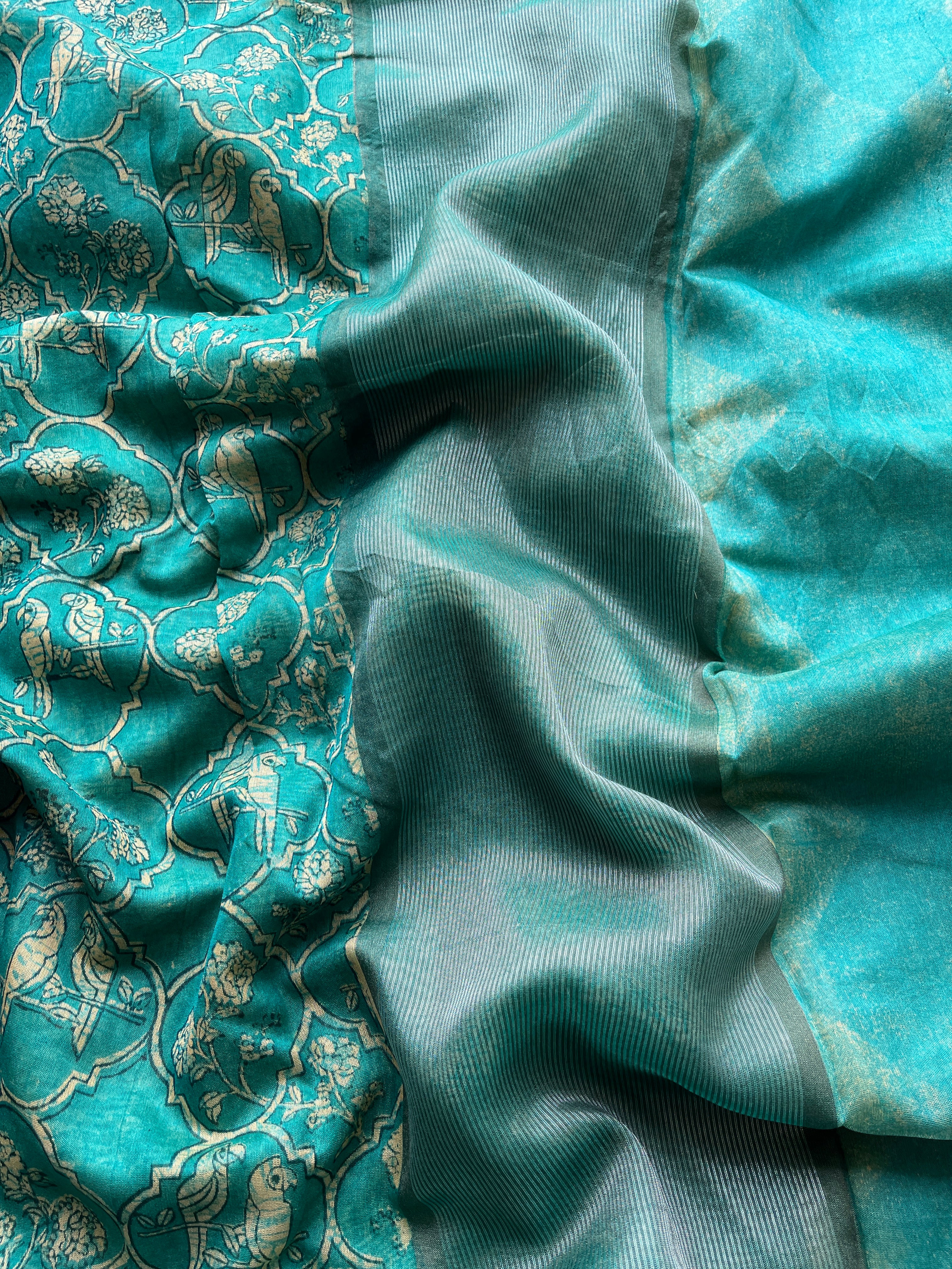 Green Chanderi Mughal printed saree