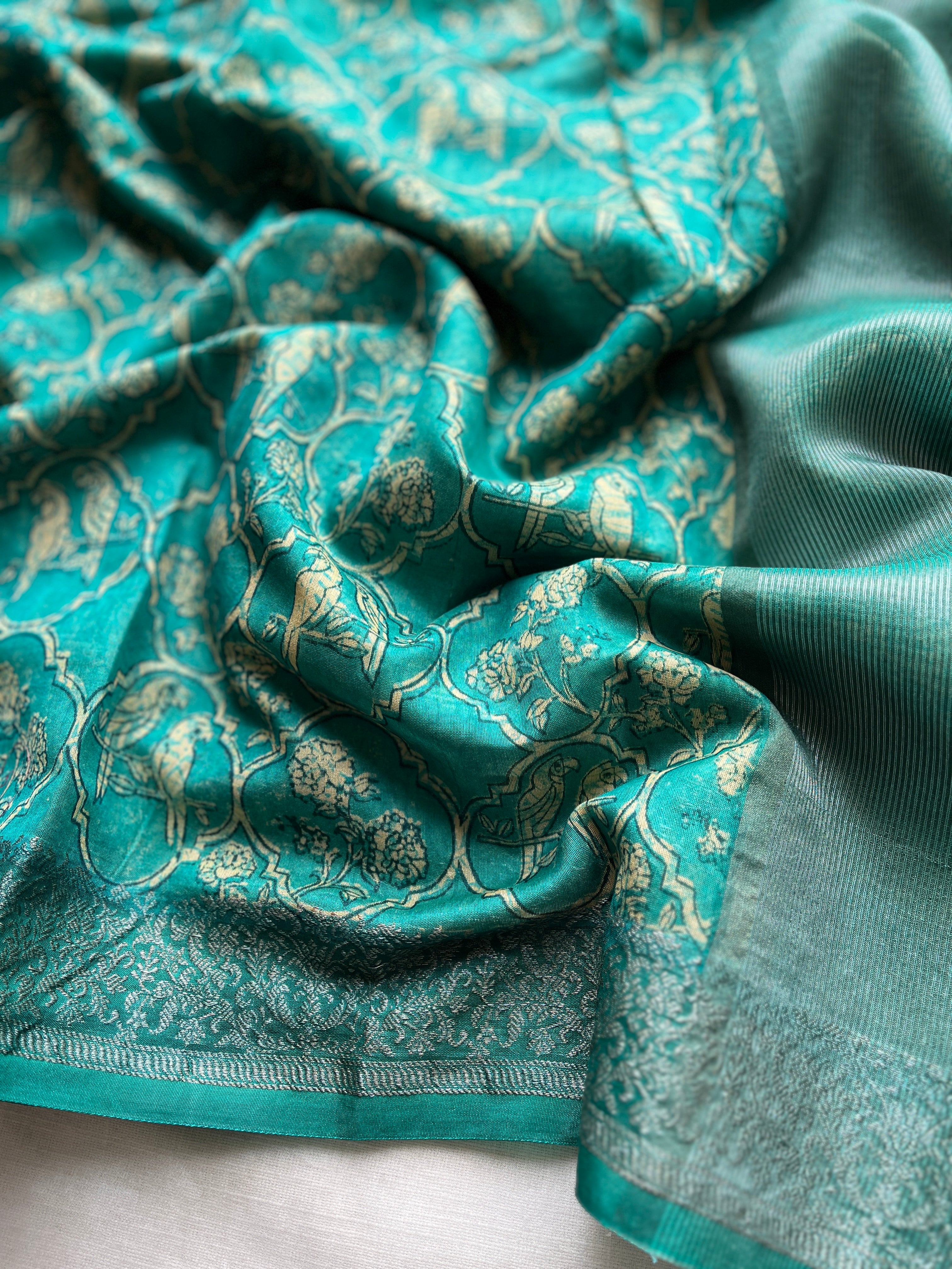 Green Chanderi Mughal printed saree