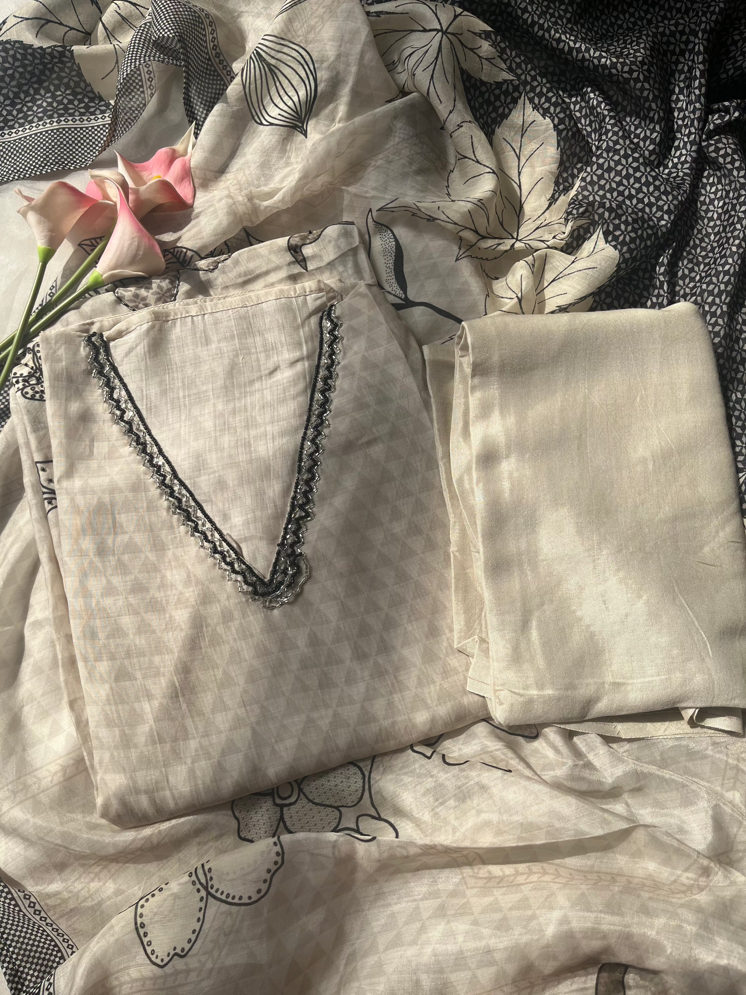 Ivory black soft muslin silk Semi stitched salwar