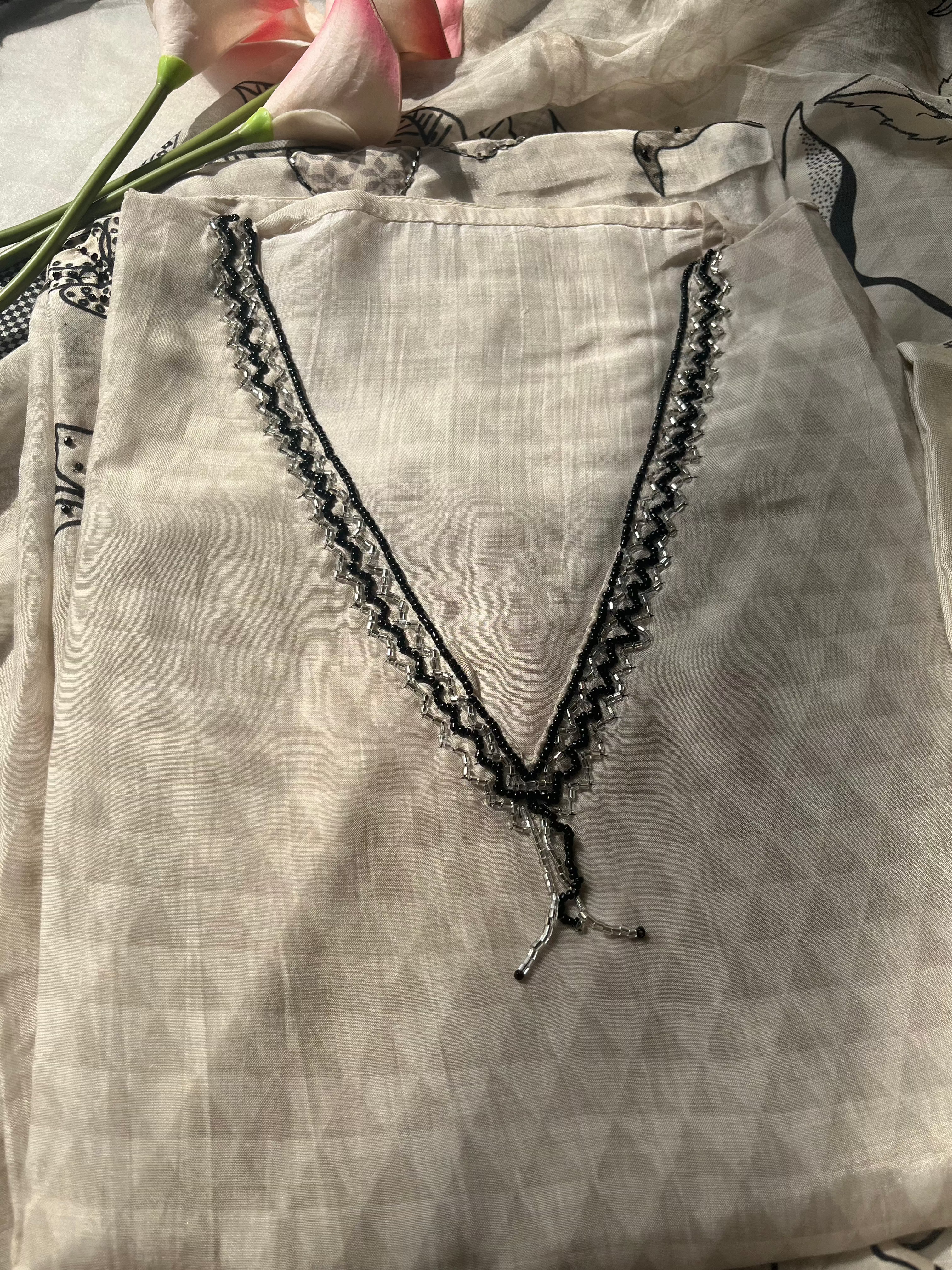 Ivory black soft muslin silk Semi stitched salwar