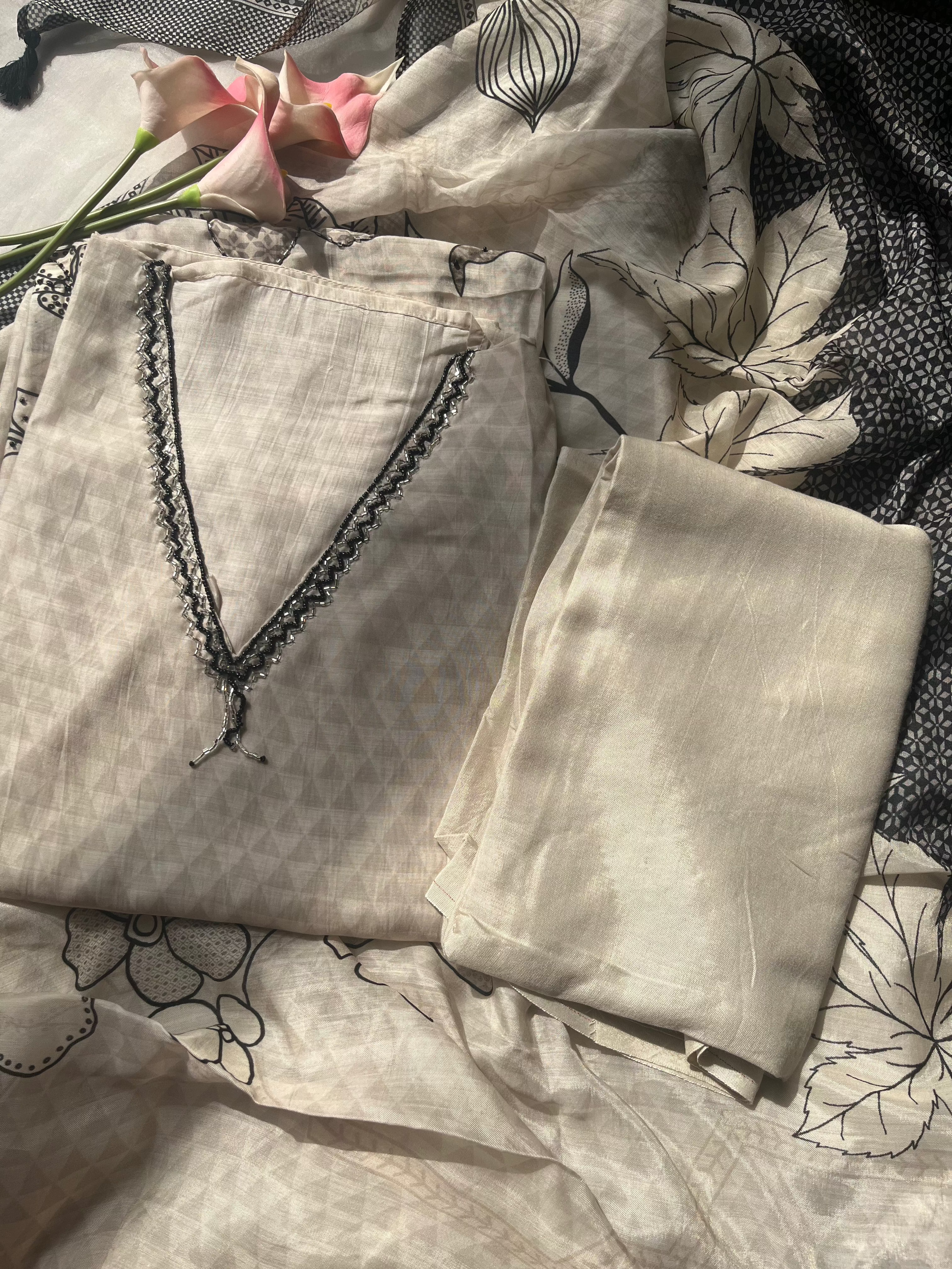 Ivory black soft muslin silk Semi stitched salwar