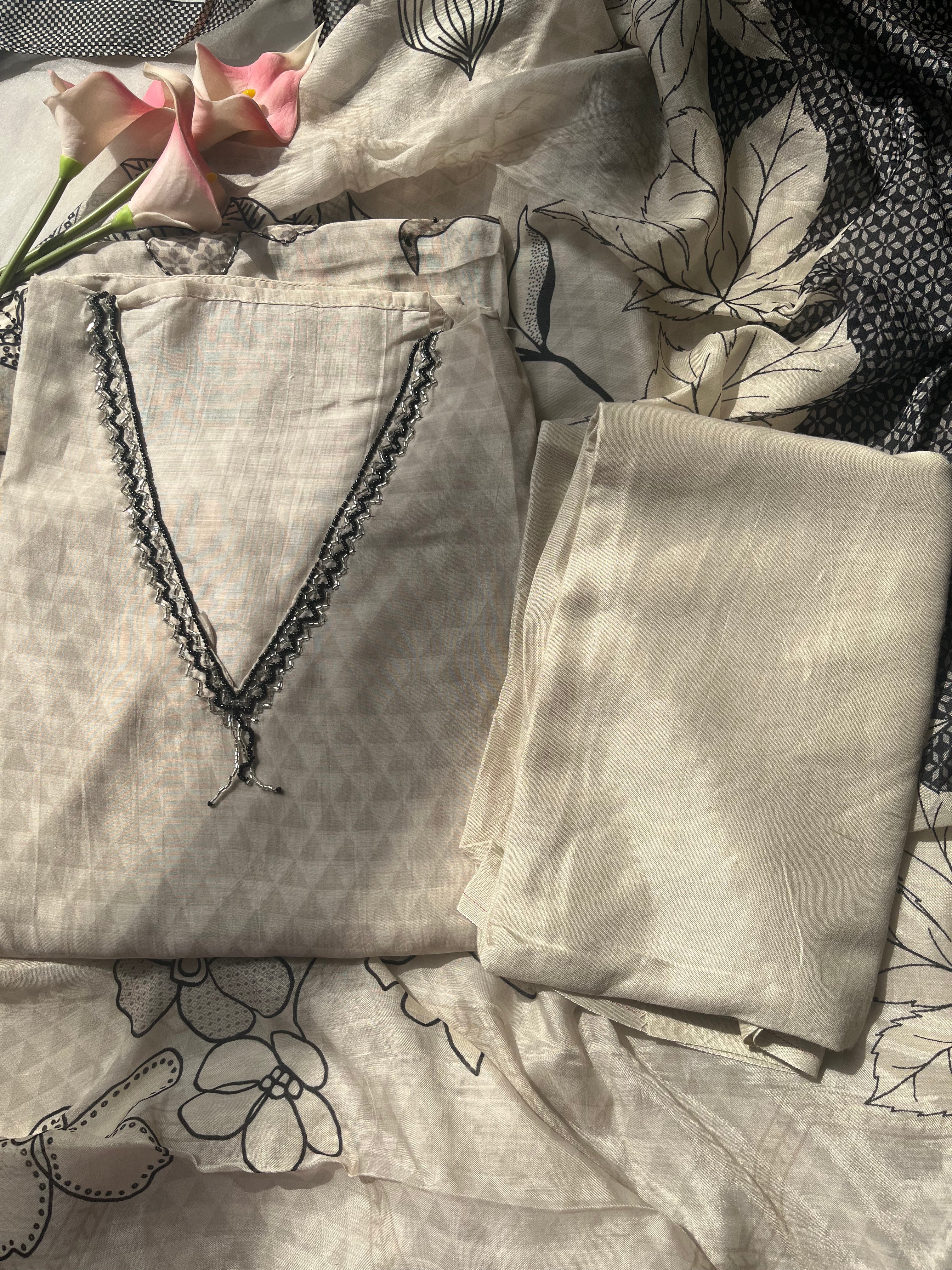 Ivory black soft muslin silk Semi stitched salwar