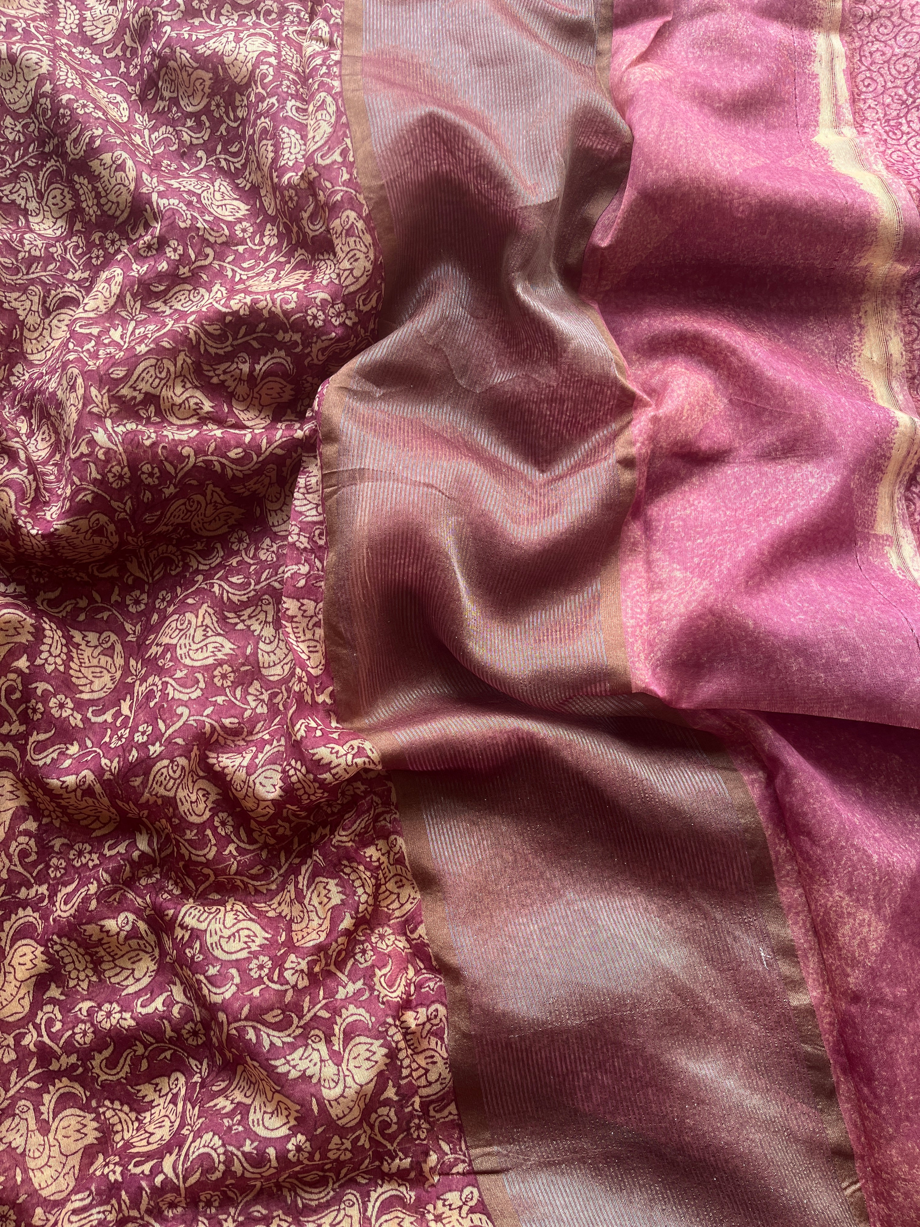 Onion Pink Chanderi Swan printed saree