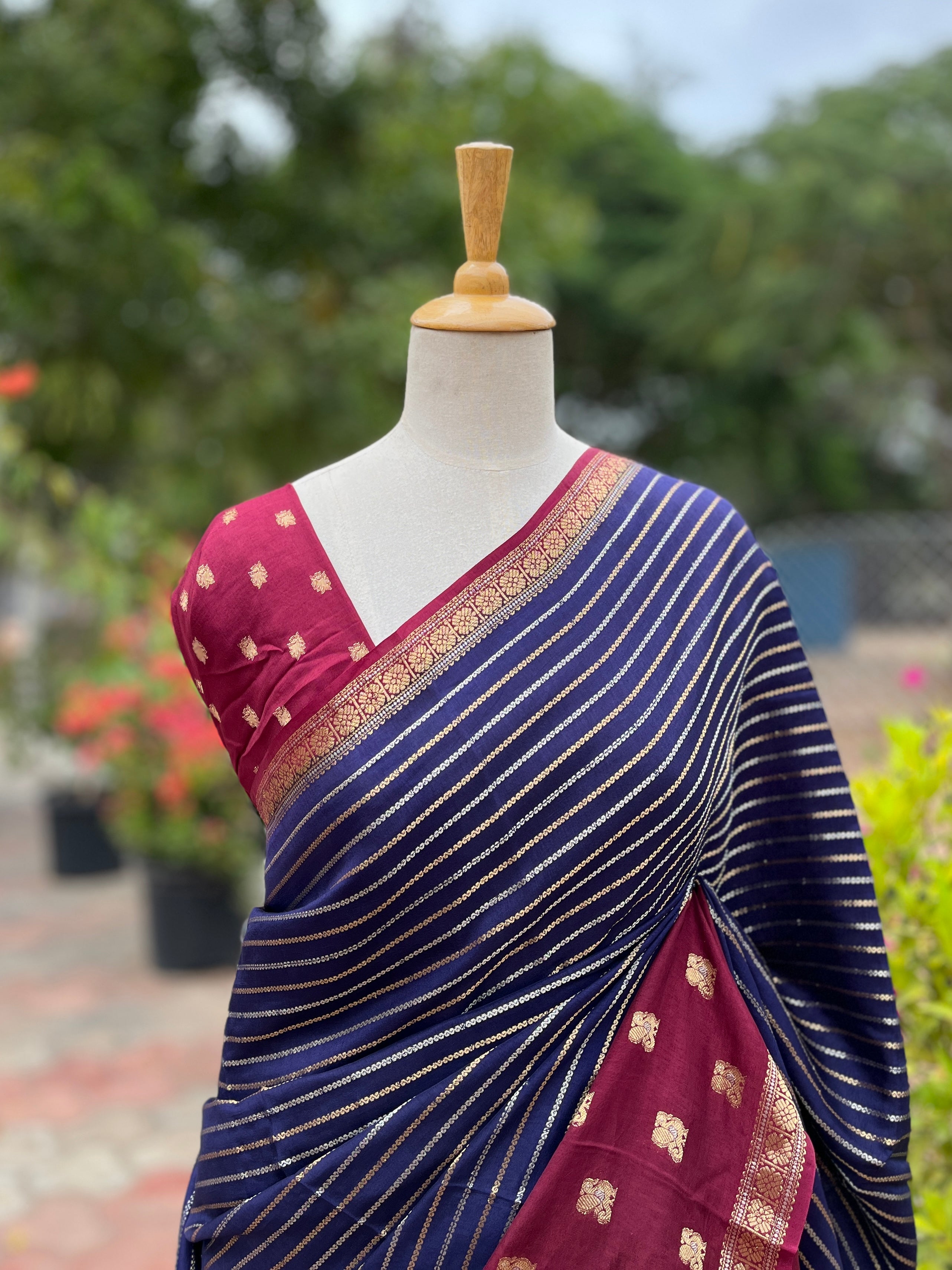 Navy Blue with Maroon Viscose Silk Saree