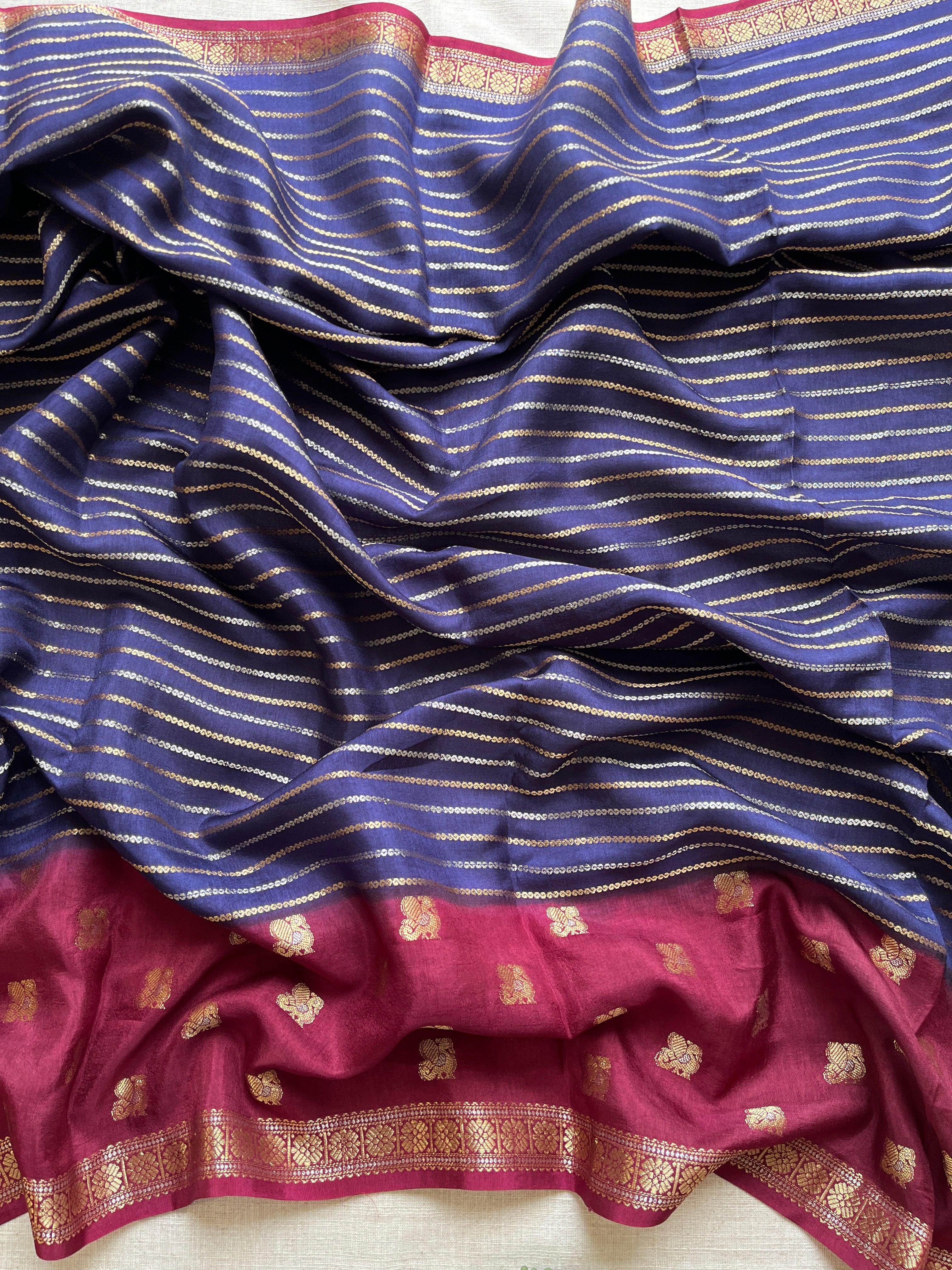 Navy Blue with Maroon Viscose Silk Saree